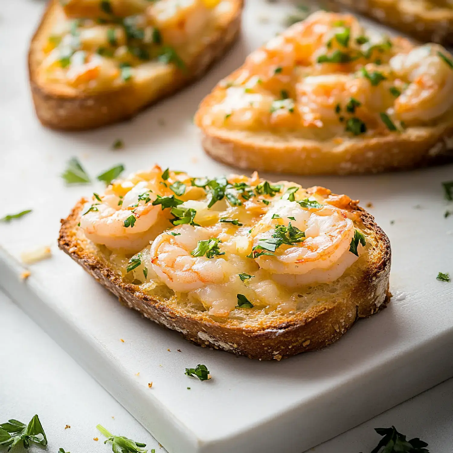 A close-up of toasted bread topped with shrimp and garnished with chopped parsley.