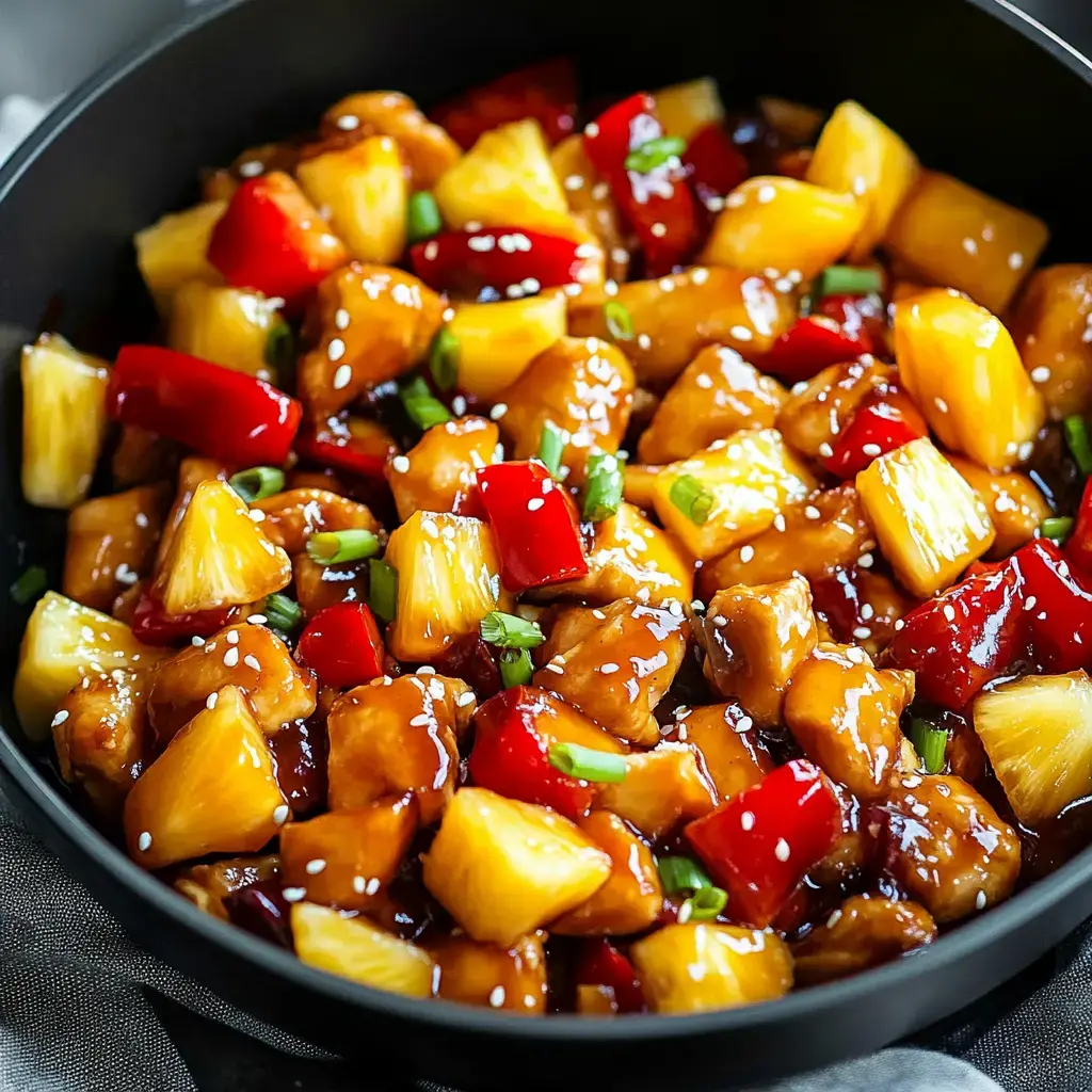 A vibrant dish of chicken stir-fry featuring pineapple chunks, red bell peppers, and green onions in a glossy sauce.