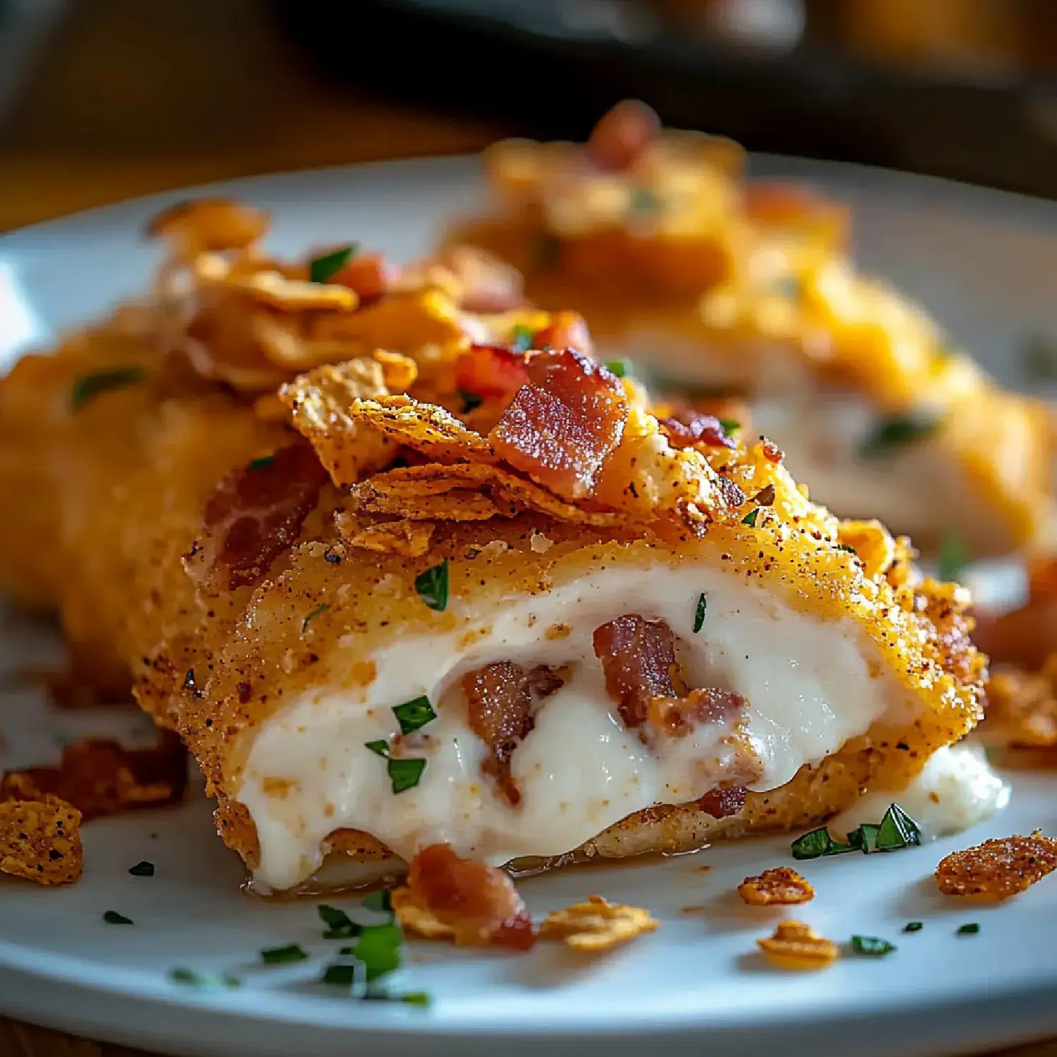 A close-up of crispy fried rolls filled with creamy cheese and bits of bacon, topped with crushed cereal and garnished with green herbs.