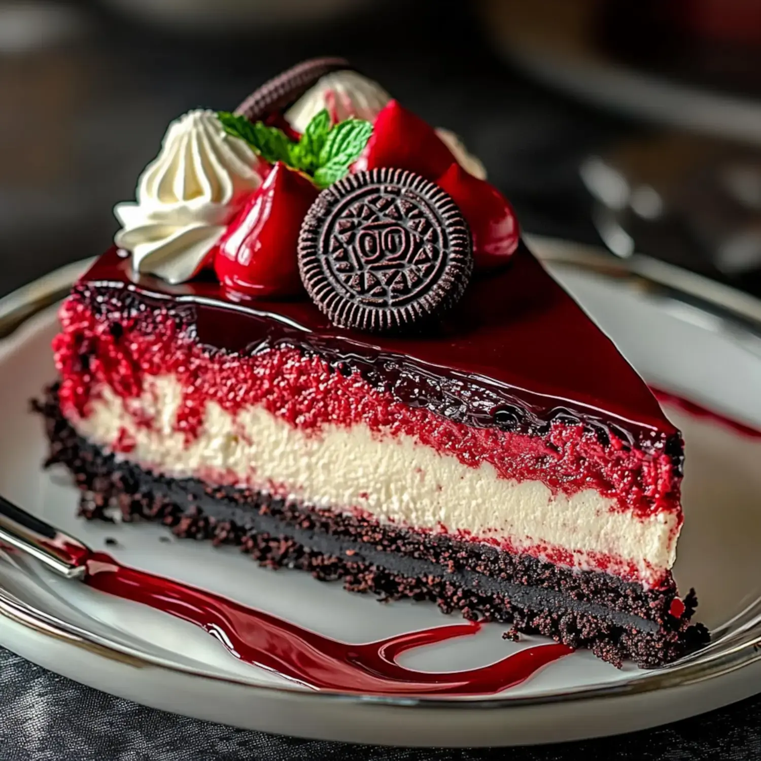 A slice of layered cheesecake topped with glossy chocolate ganache, cherries, whipped cream, an Oreo cookie, and a sprig of mint, sitting on a plate with a drizzle of berry sauce.