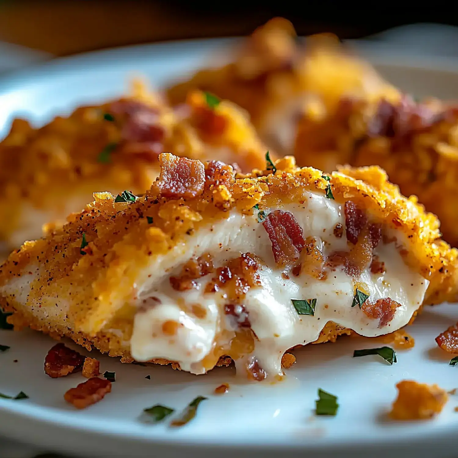 A close-up image of a crispy, fried dish filled with melted cheese and topped with bits of bacon and herbs.