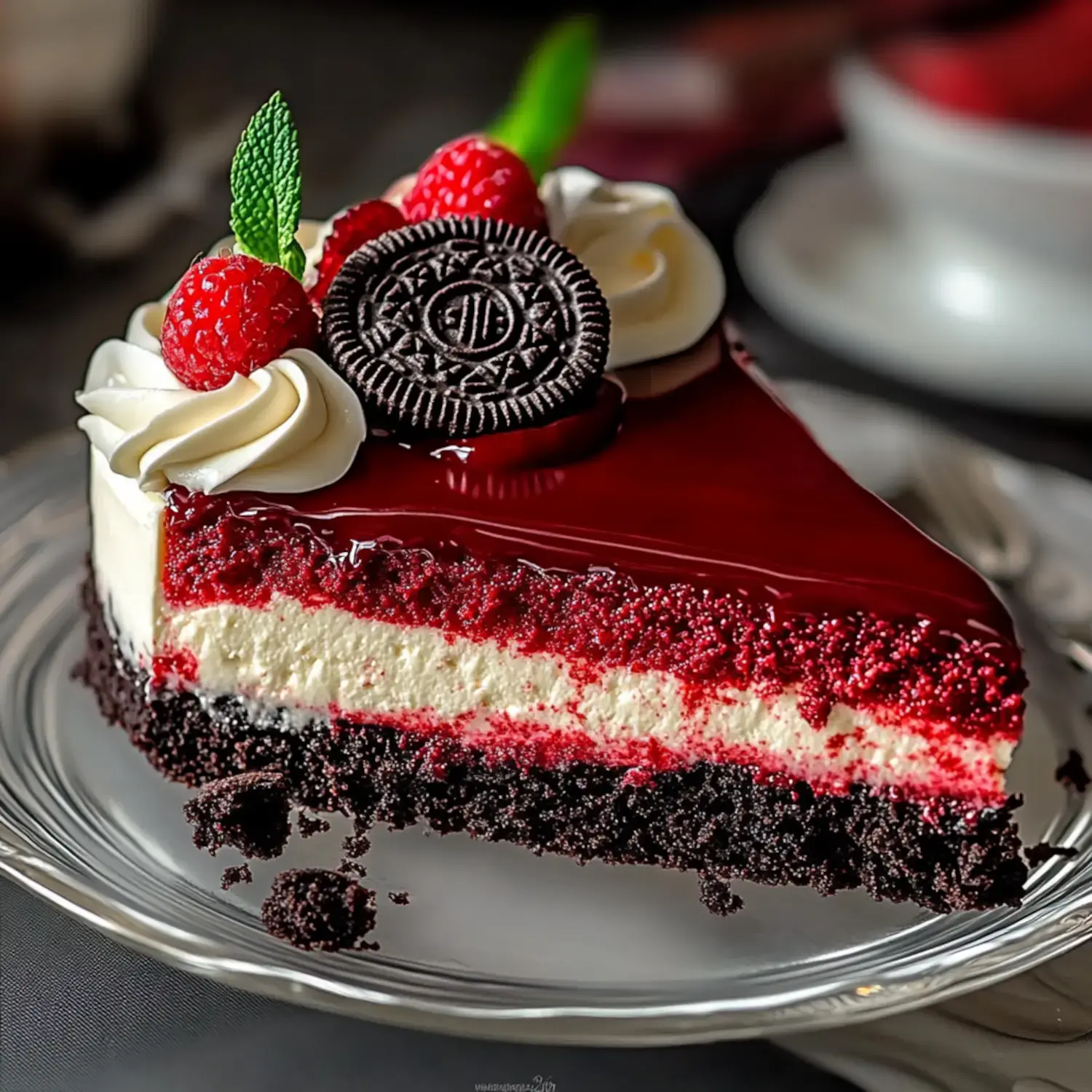 A slice of layered red velvet cheesecake topped with raspberries, whipped cream, and an Oreo cookie on a silver plate.