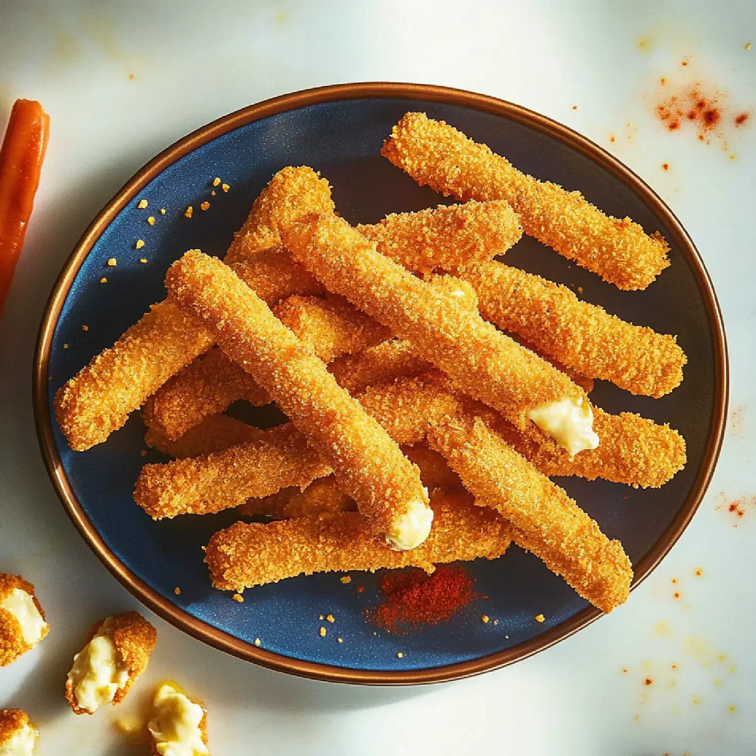 A blue plate filled with golden, crispy breaded sticks, resembling mozzarella sticks, is surrounded by sprinkled seasoning on a white surface.