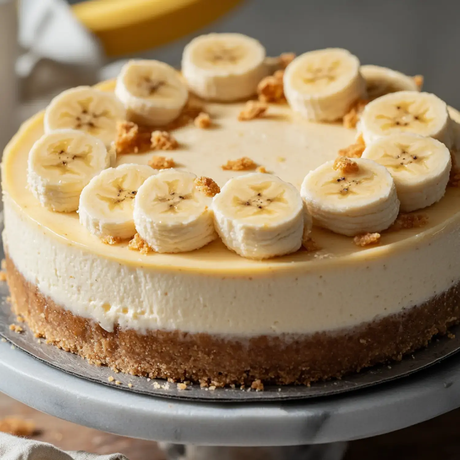 A delicious banana cheesecake topped with sliced bananas and crumbs, displayed on a cake stand.