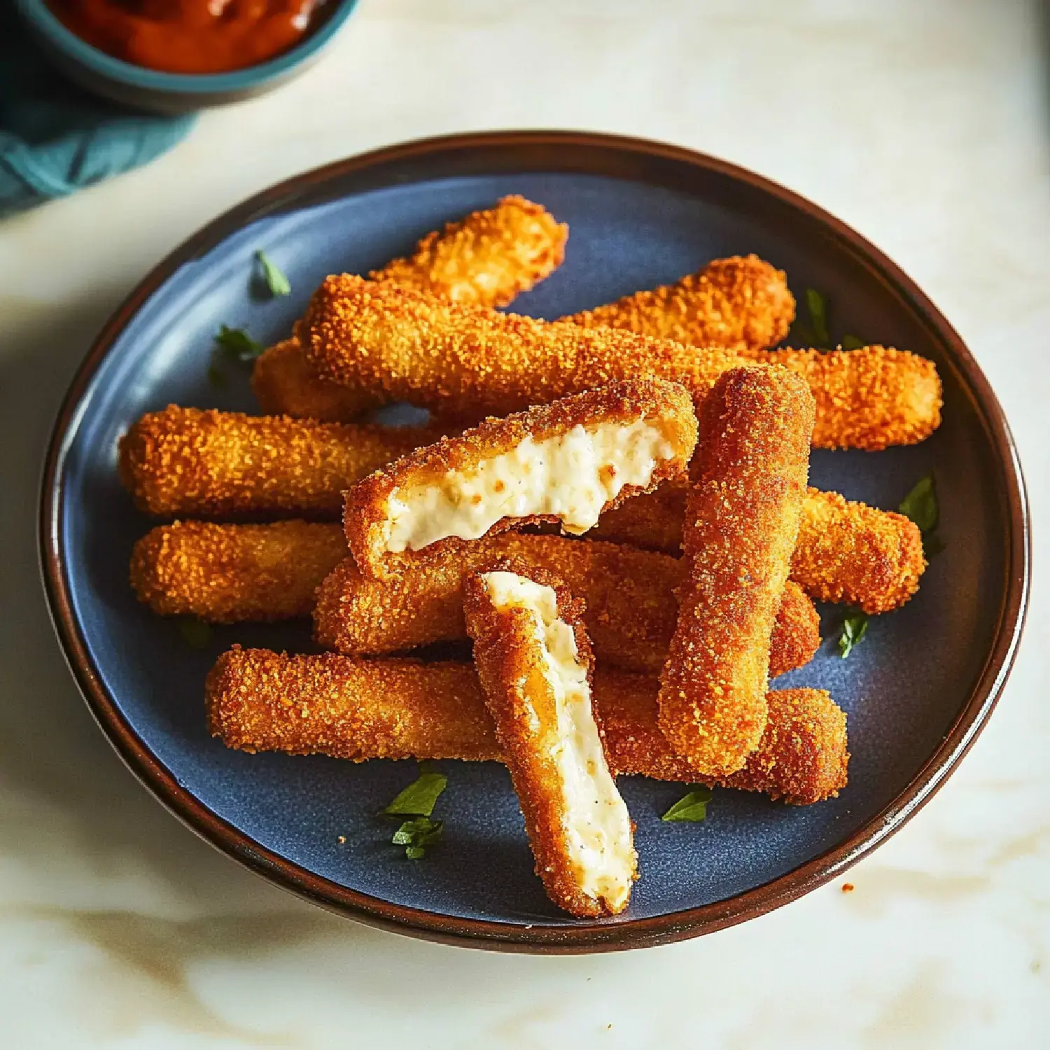 A plate of crispy, golden-brown cheese sticks, with one partially broken to reveal the melted cheese filling inside.