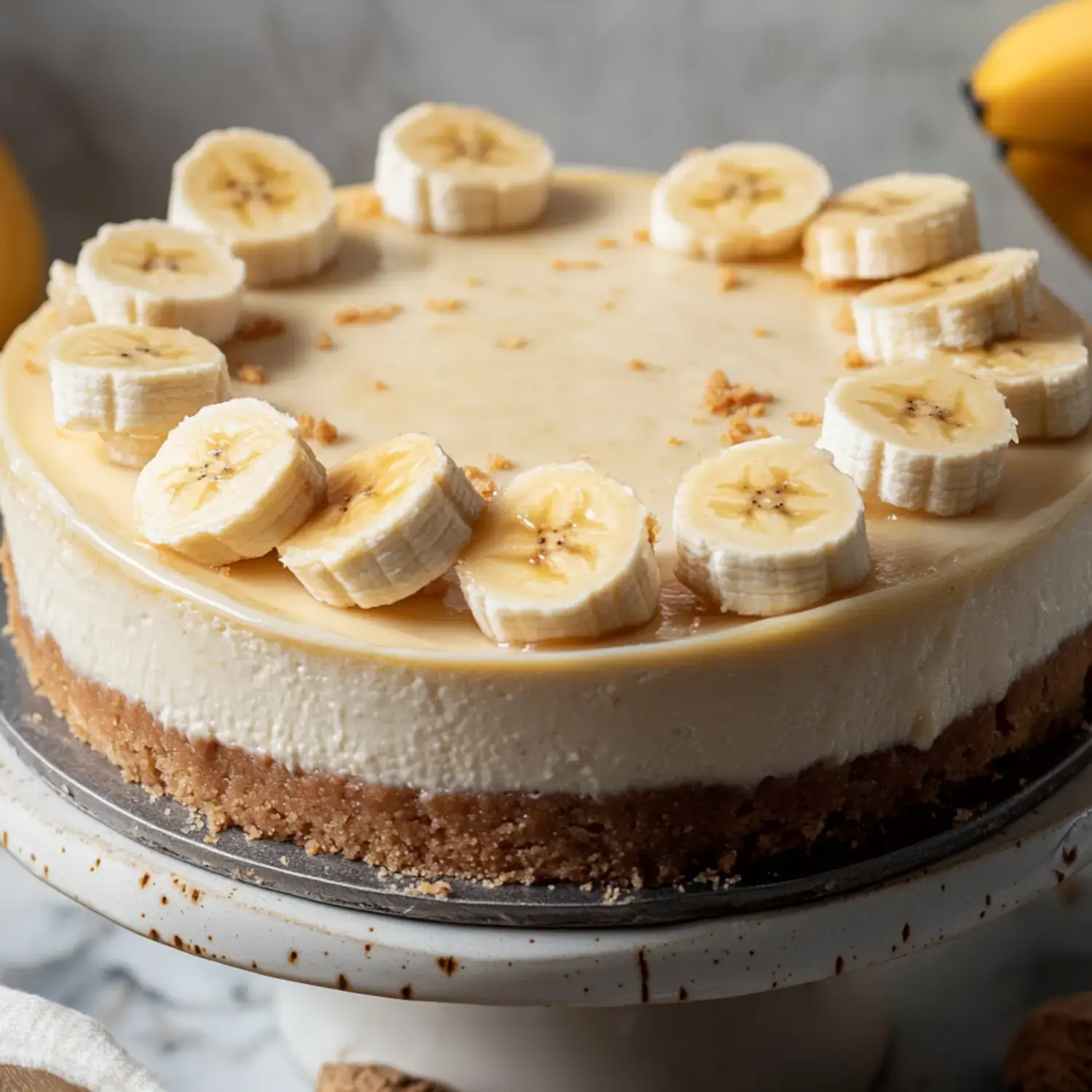 A delicious banana cheesecake topped with sliced bananas and cookie crumbs on a cake stand.