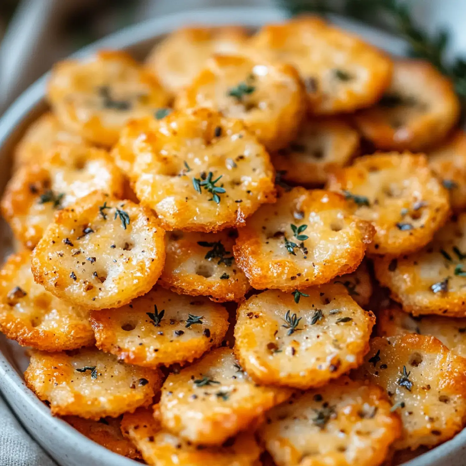 A close-up of a plate filled with crispy cheese crackers, garnished with small sprigs of thyme.