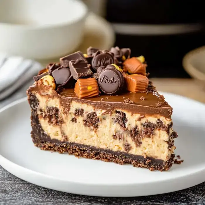 A slice of chocolate peanut butter cheesecake topped with various chocolate candies on a white plate.