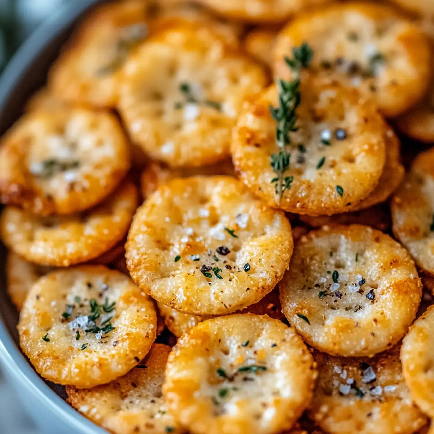 A close-up of golden, crispy crackers sprinkled with coarse salt and garnished with small sprigs of thyme.