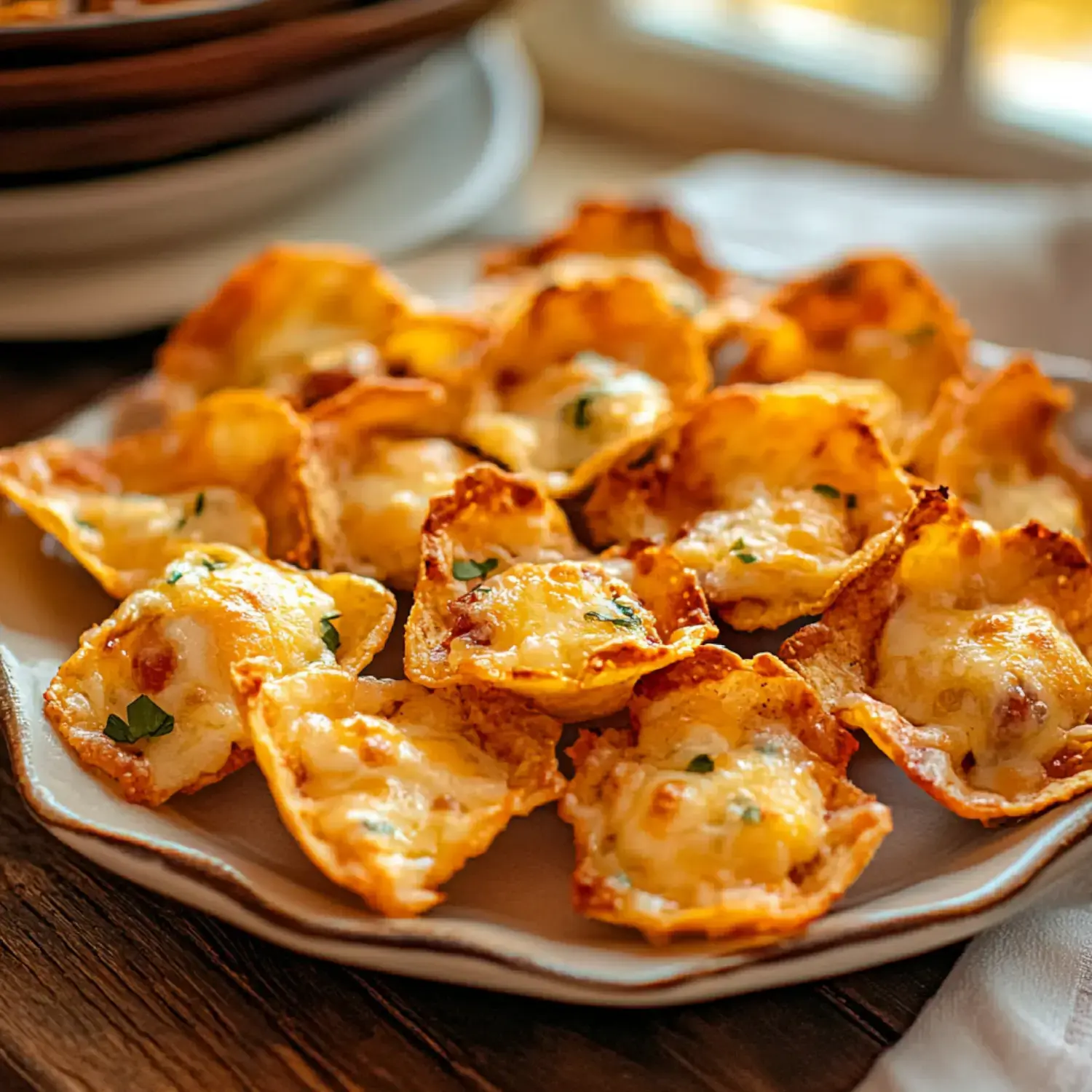 A plate of crispy cheese-filled nacho cups garnished with herbs.