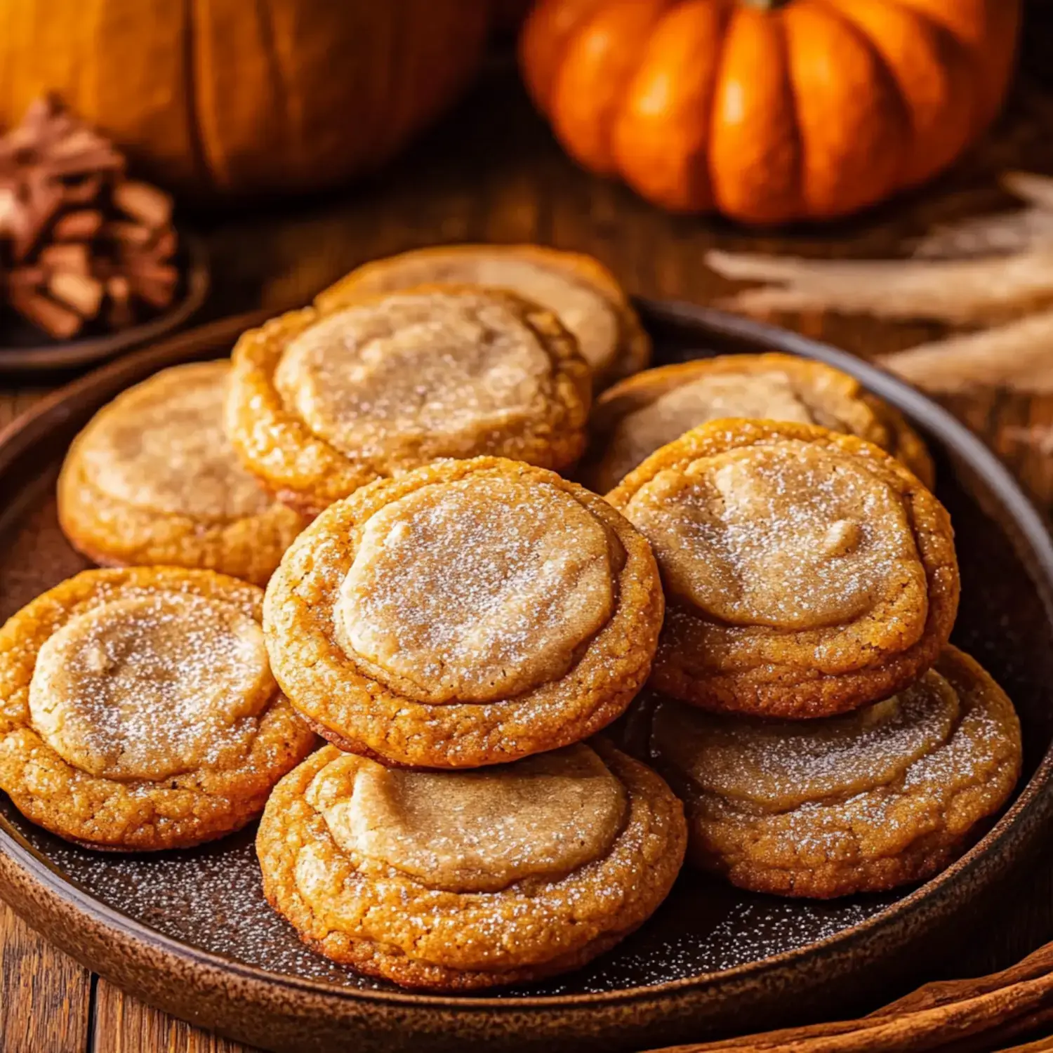 A plate of pumpkin cookies dusted with sugar, surrounded by decorative pumpkins and cinnamon sticks.