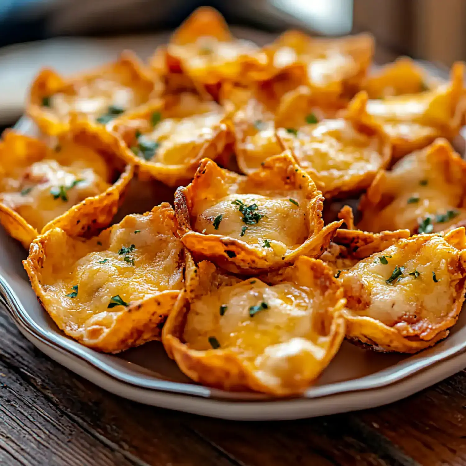 A plate of crispy cheese-filled tortilla cups garnished with herbs.