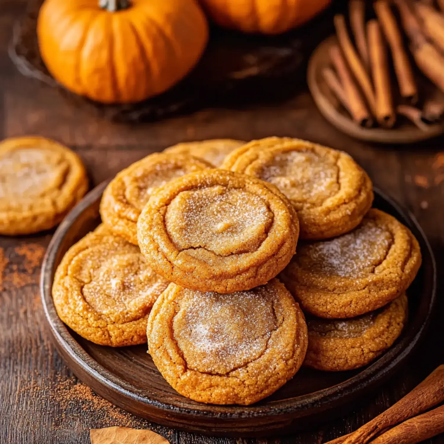 A plate of soft, sugar-coated pumpkin cookies is surrounded by pumpkins and cinnamon sticks on a rustic wooden surface.