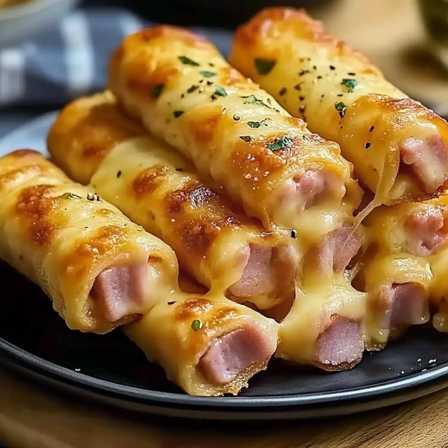 A close-up of a plate stacked with golden-brown, cheesy ham and cheese rolls garnished with herbs.