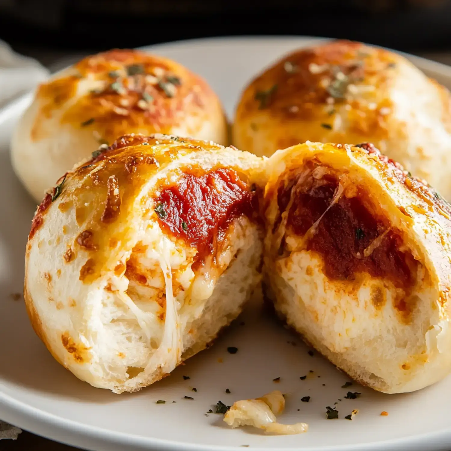 A close-up of a split bread roll filled with melted cheese and marinara sauce, garnished with herbs.