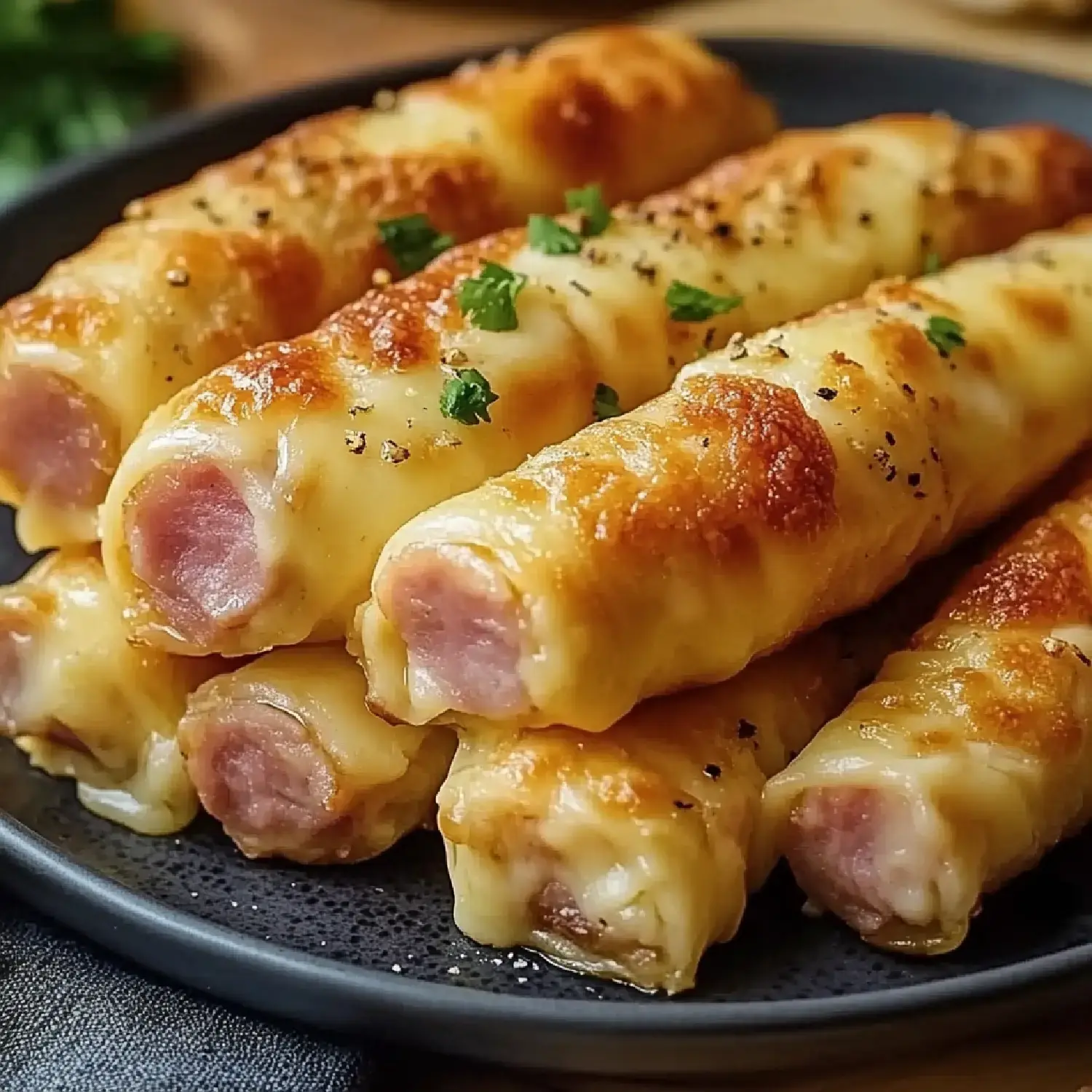 A close-up of golden-brown, cheesy rolled sausages garnished with green herbs on a black plate.