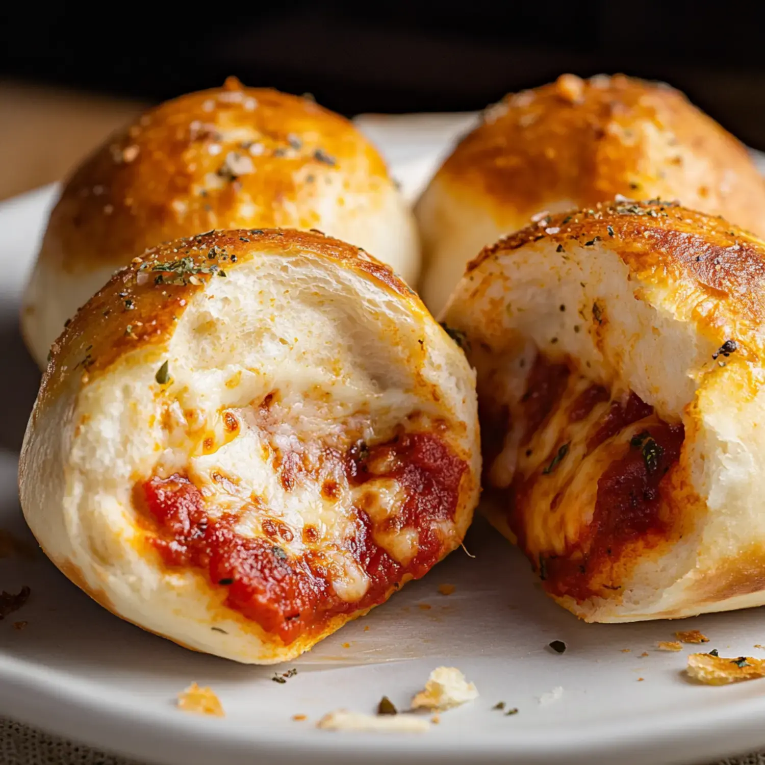 A close-up of cheesy, breaded rolls filled with marinara sauce, sprinkled with herbs, sitting on a white plate.