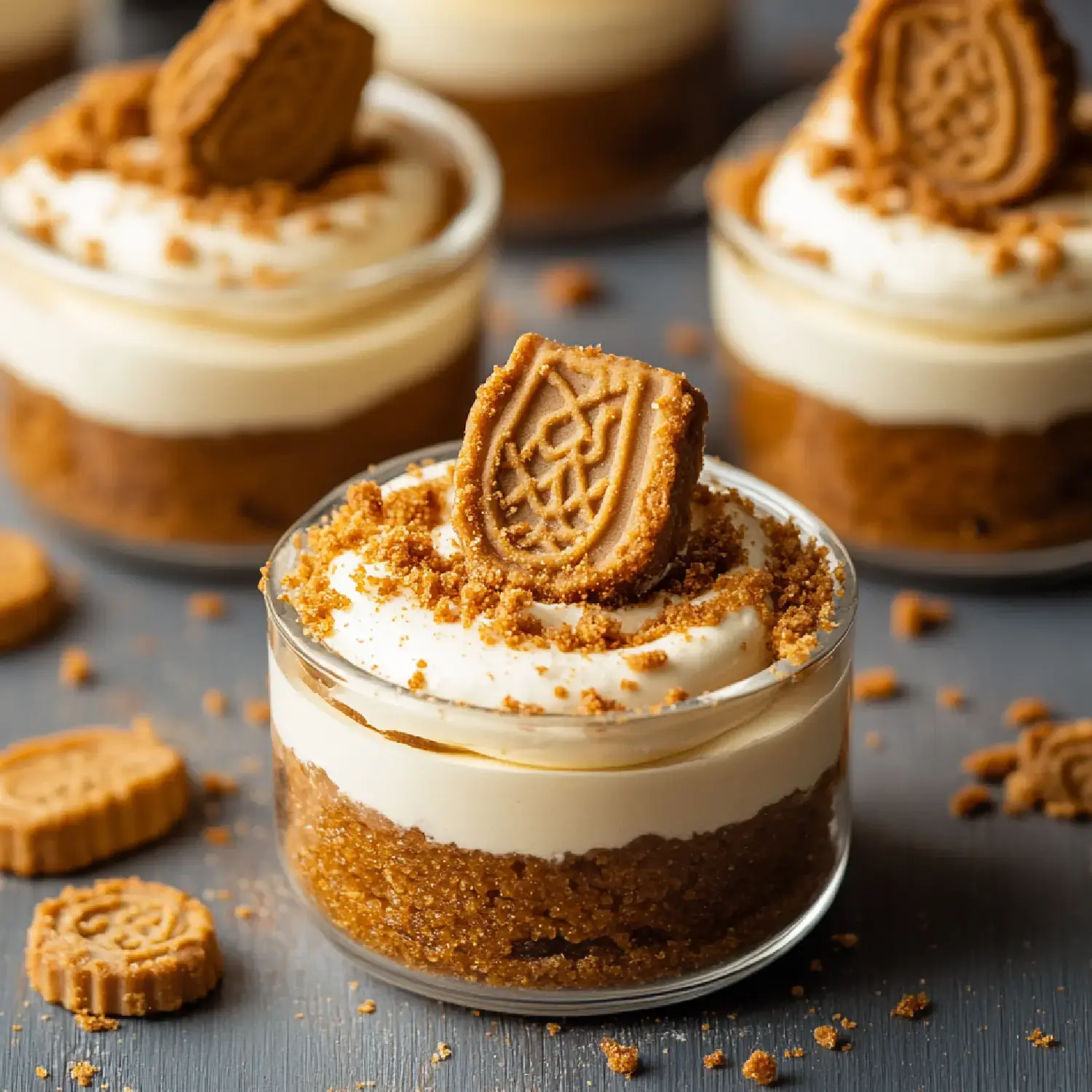 A close-up of dessert cups layered with crumbs and cream, topped with a cookie and crumbled biscuit pieces.