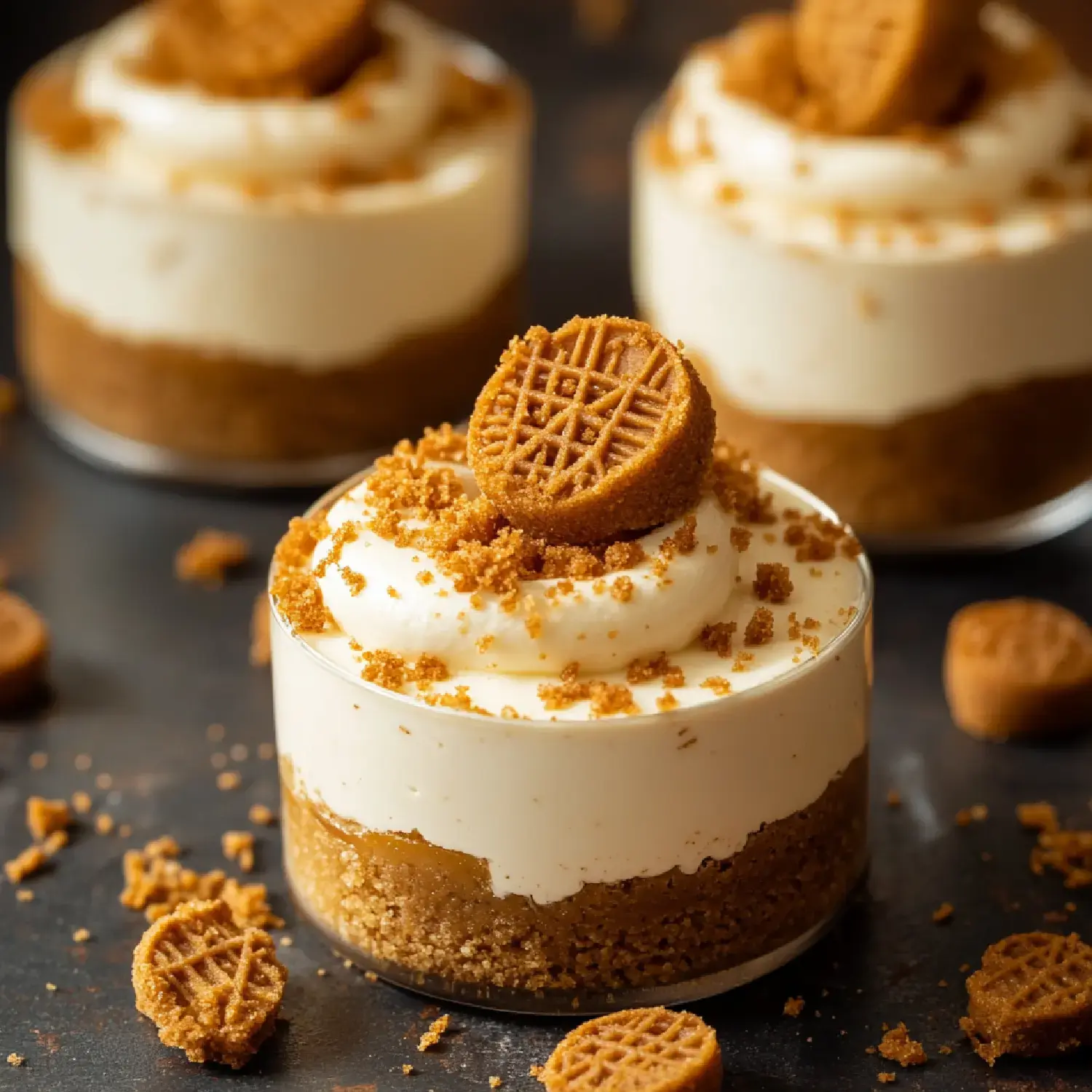 A close-up of creamy dessert cups layered with cookie crumbs, topped with whipped cream and a decorative cookie.