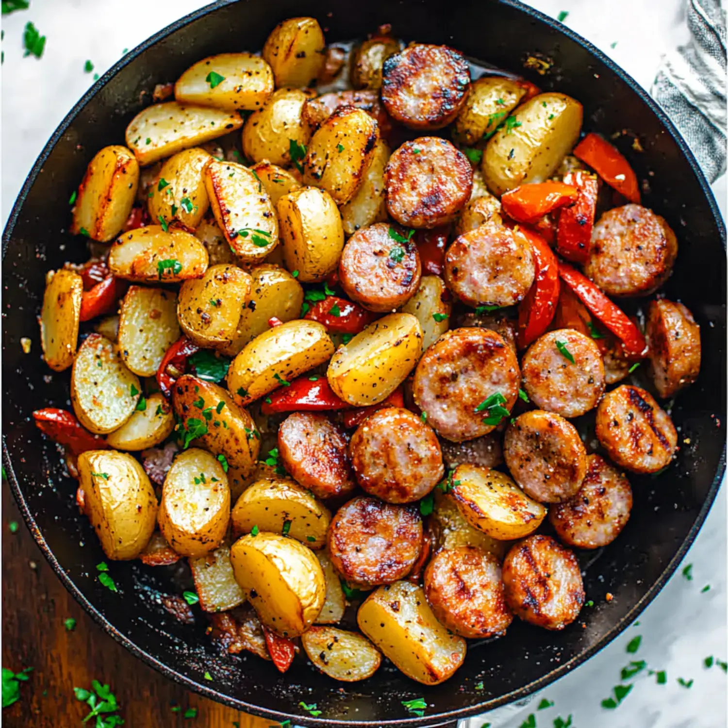 A skillet filled with golden roasted potatoes, sliced sausage, and red bell peppers, garnished with fresh parsley.