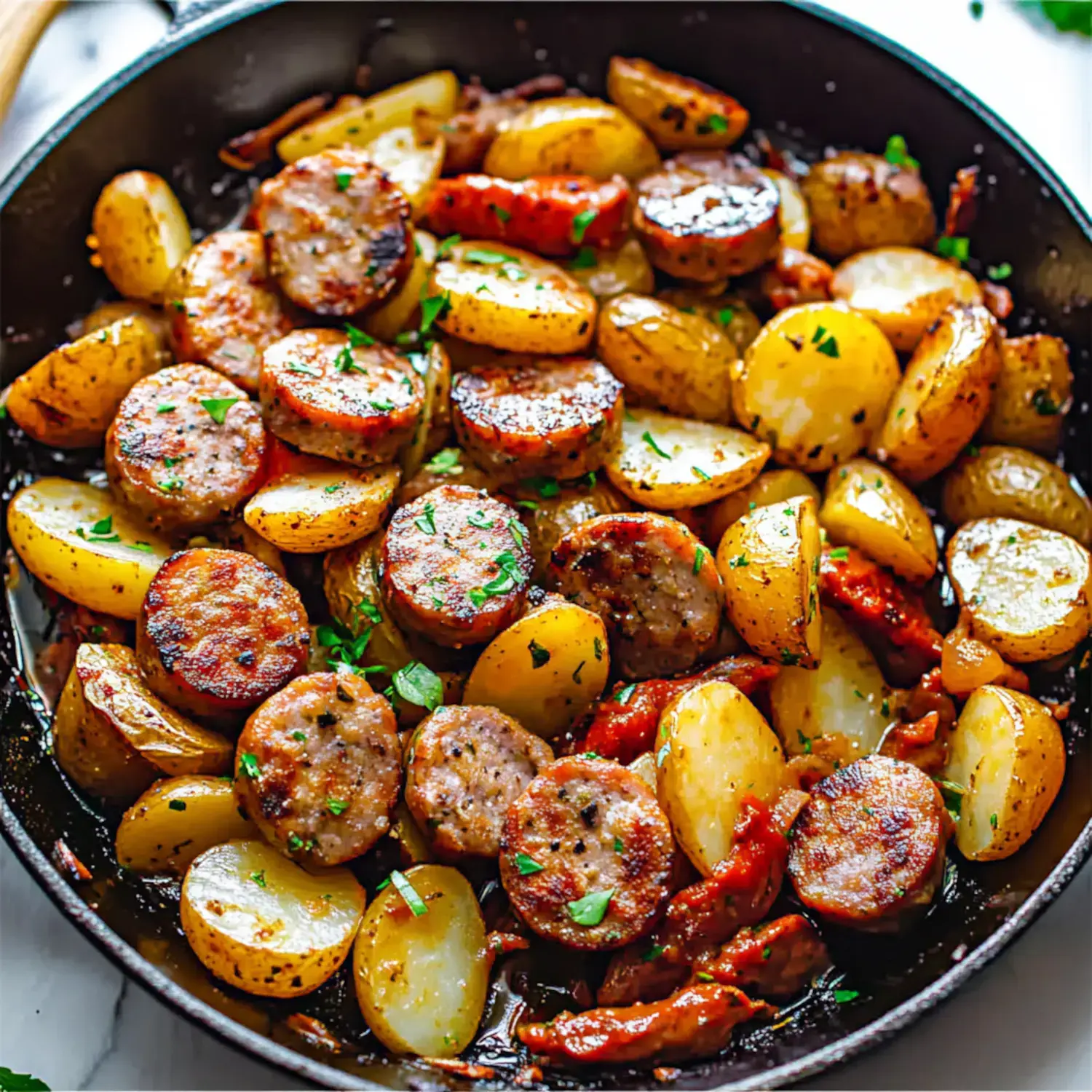 A skillet filled with sliced sausage and golden baby potatoes, garnished with fresh herbs.