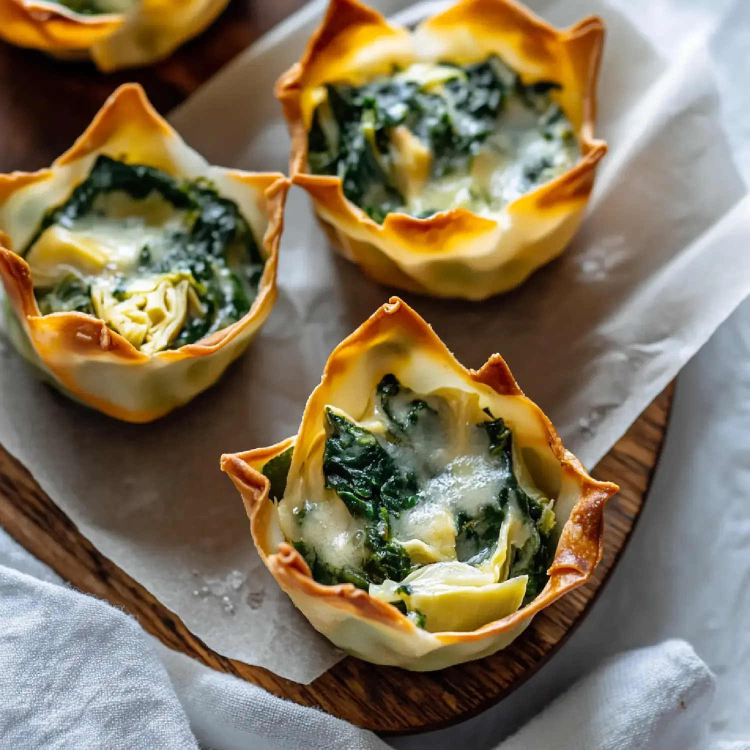 Baked cups filled with spinach, artichokes, and melted cheese are arranged on a wooden platter.