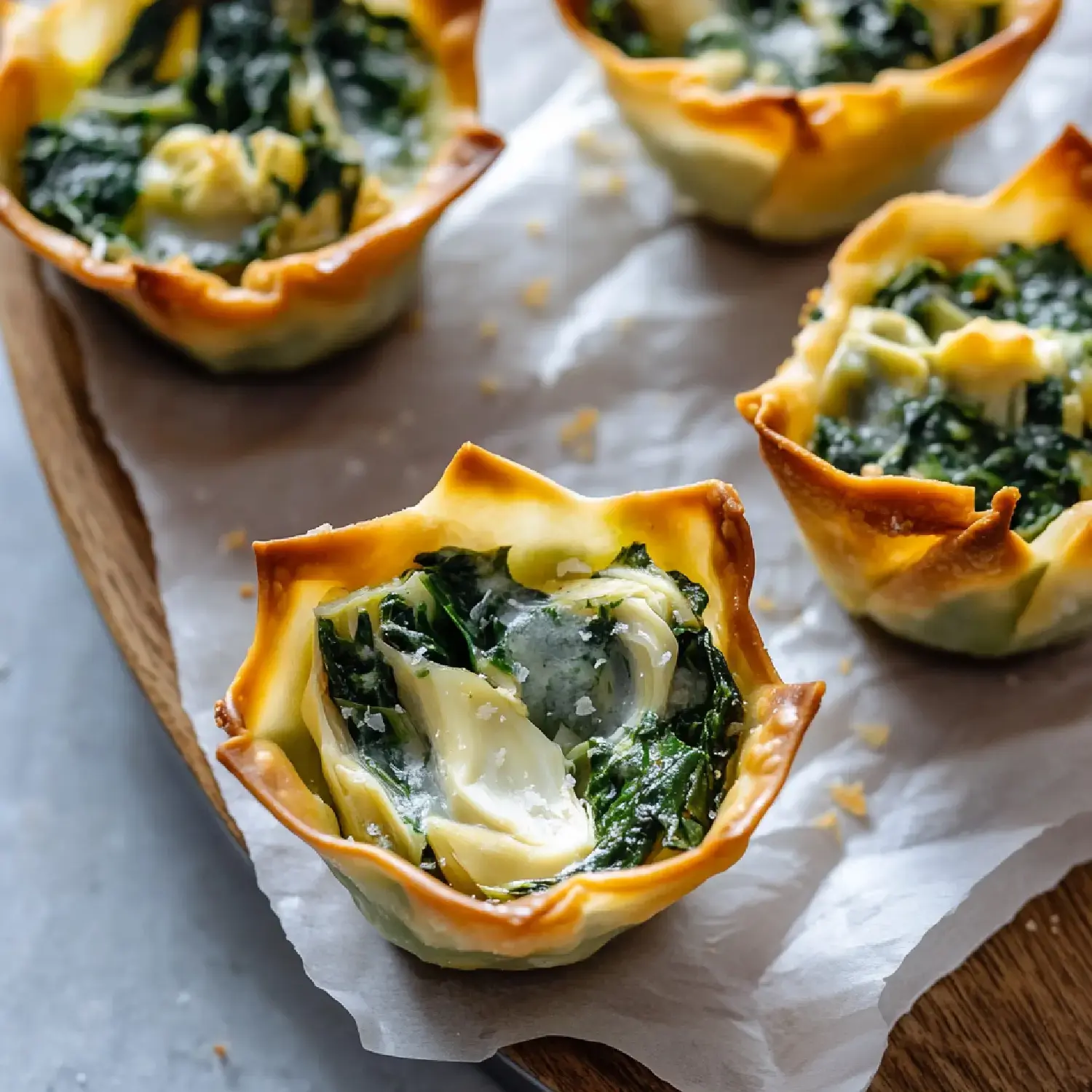 A wooden platter holds several baked pastry cups filled with spinach and creamy cheese, garnished with a sprinkle of salt.