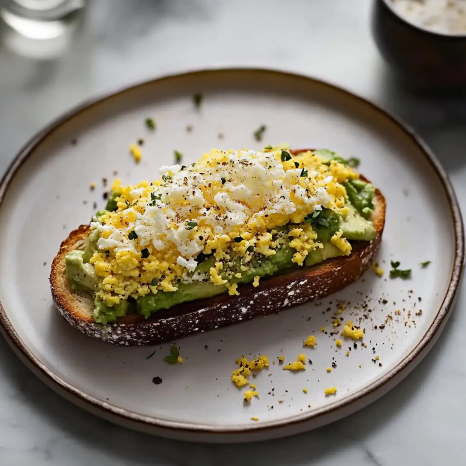 A slice of toasted bread topped with mashed avocado, crumbled egg, and sprinkled herbs sits on a plate.