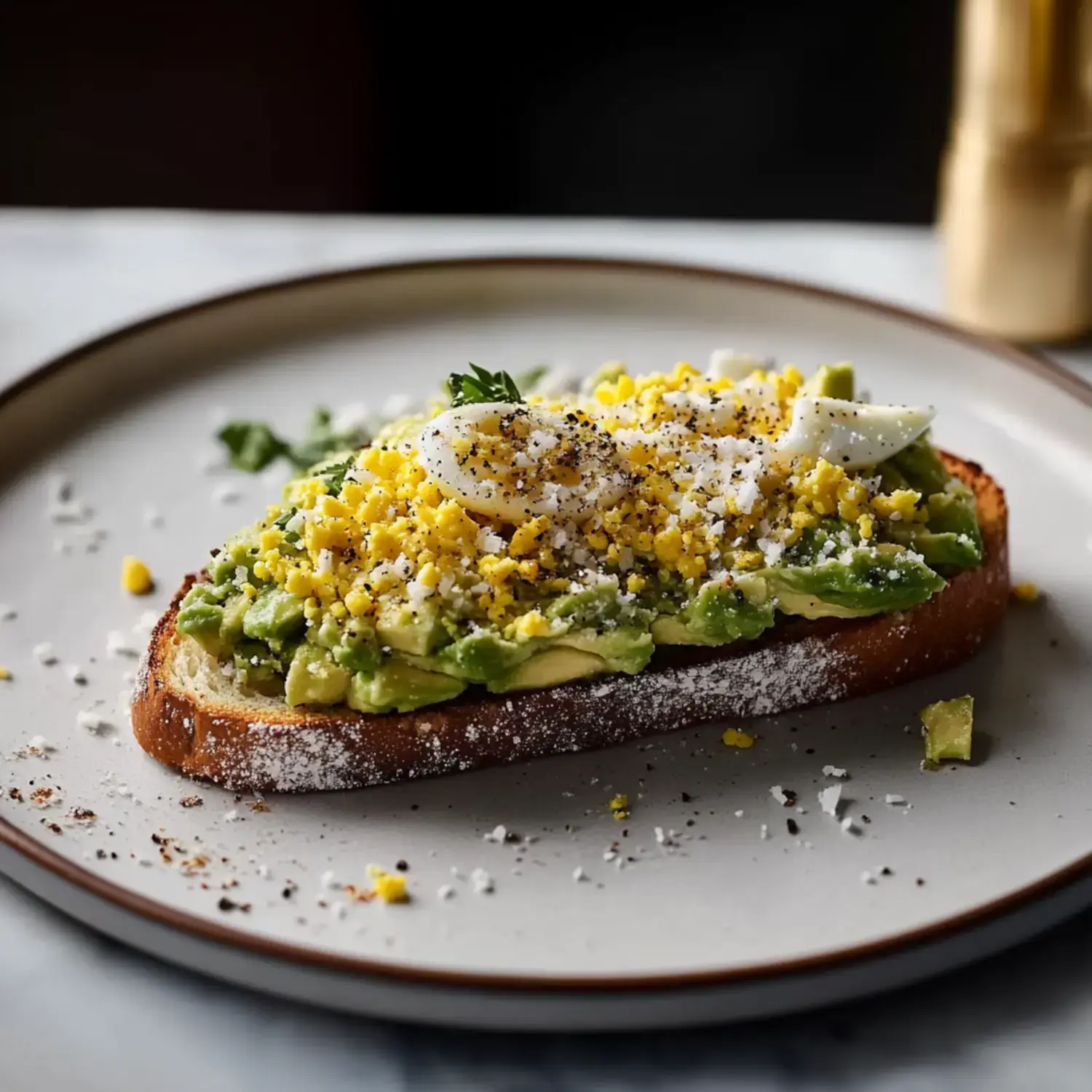 A slice of toasted bread topped with mashed avocado, crumbled boiled eggs, and garnished with black pepper and a sprinkle of cheese.