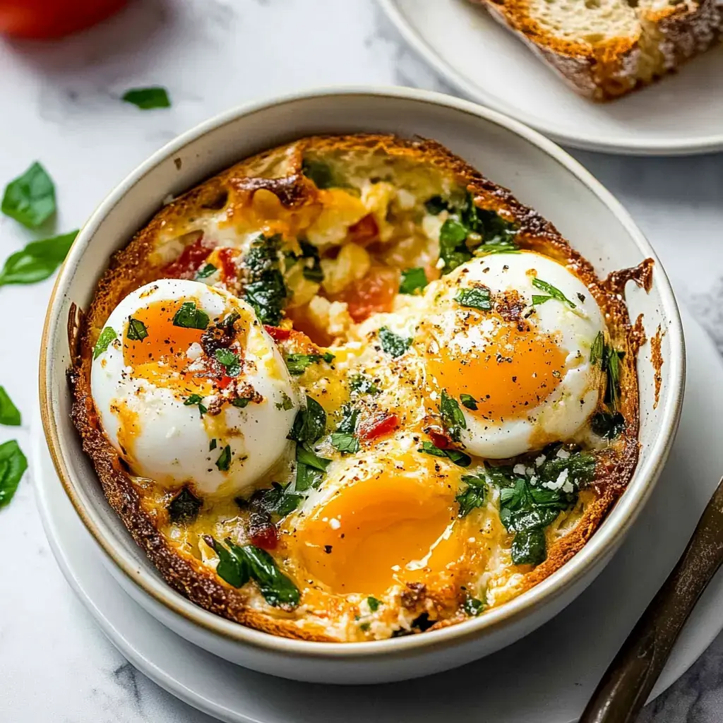 A bowl of baked eggs with runny yolks, surrounded by spinach, tomatoes, and herbs, sitting on a marble surface next to a slice of bread.