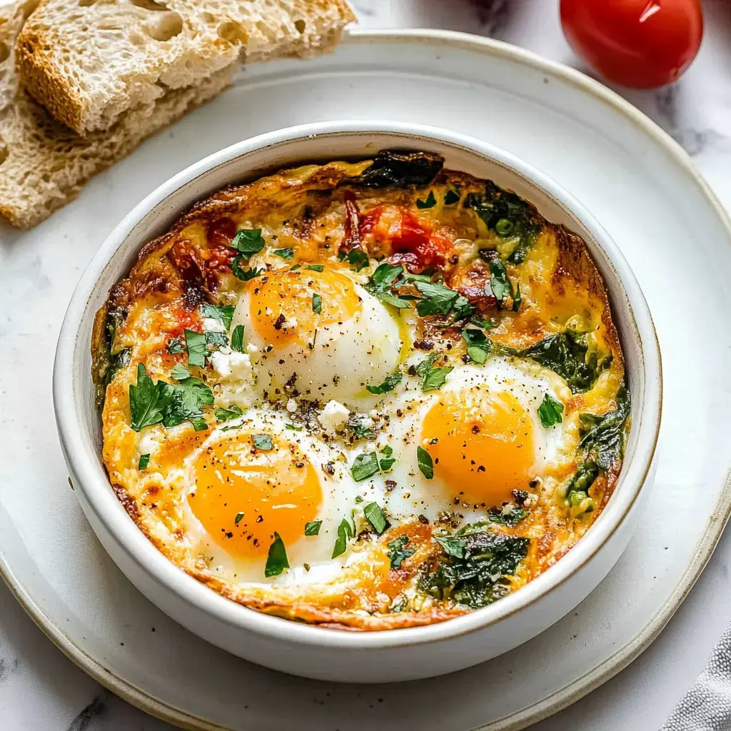 A baked egg dish with three eggs, topped with fresh parsley and served alongside slices of bread and a cherry tomato.