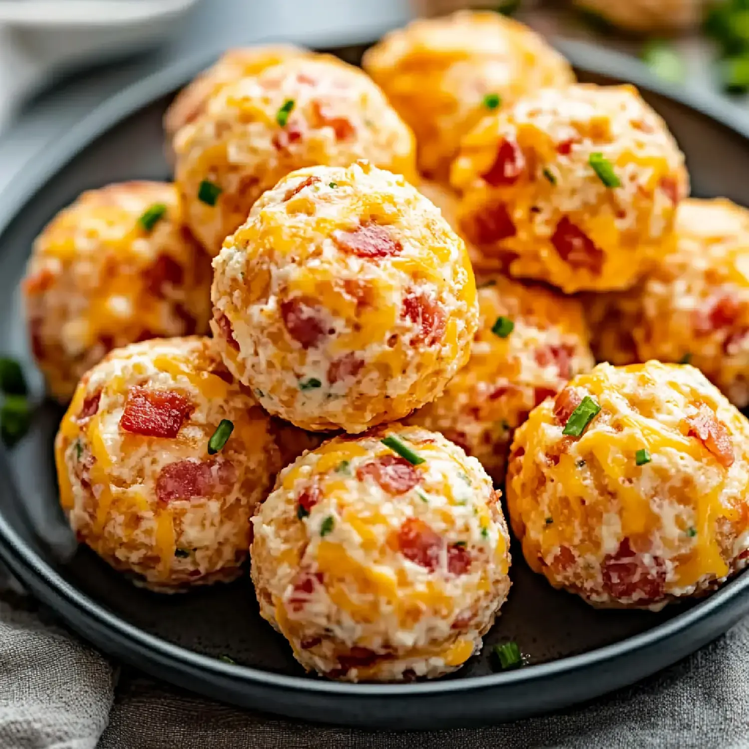 A plate of cheese balls made with cheddar, cream cheese, and bits of bacon, garnished with chopped chives.