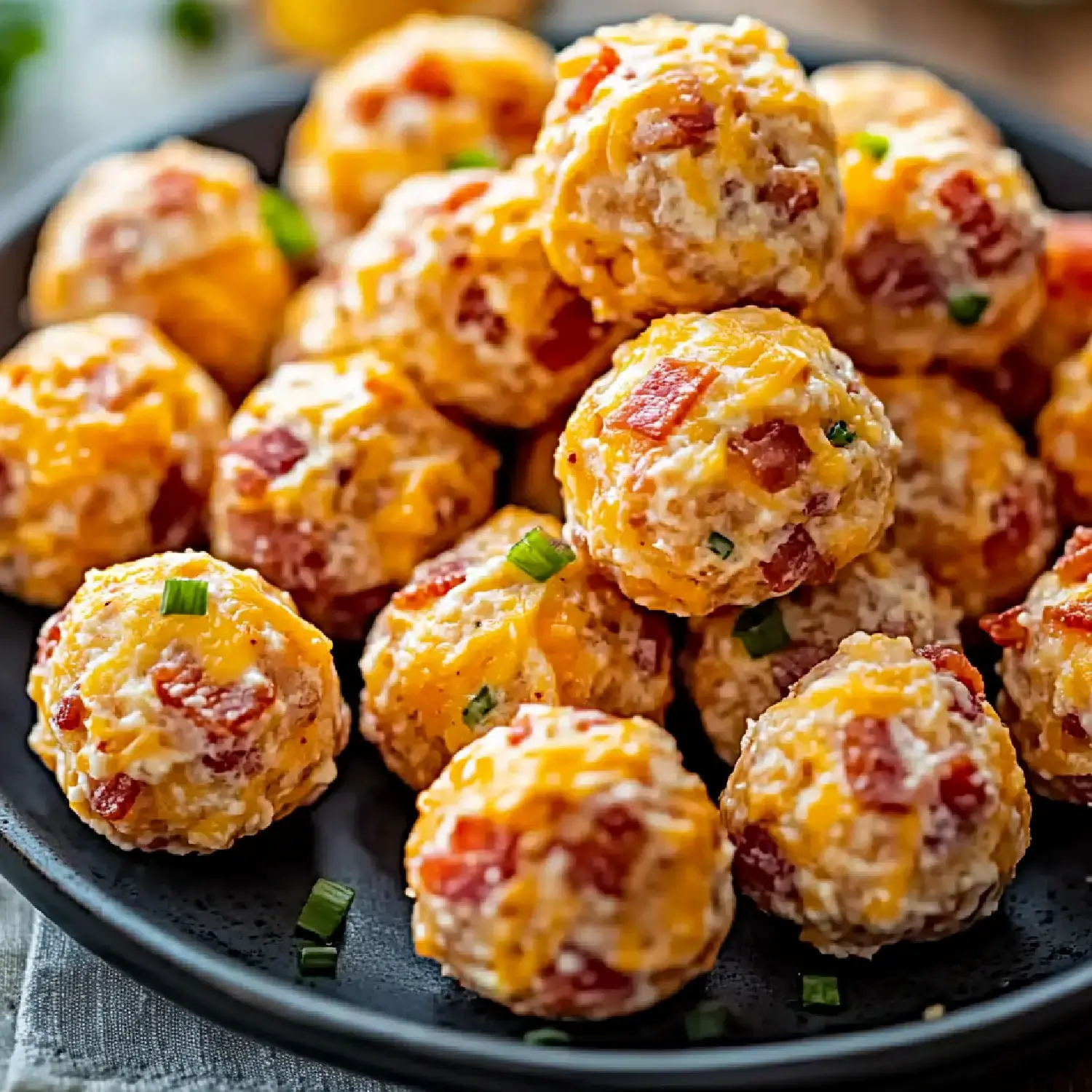 A plate filled with cheese and bacon balls, garnished with chopped green onions.