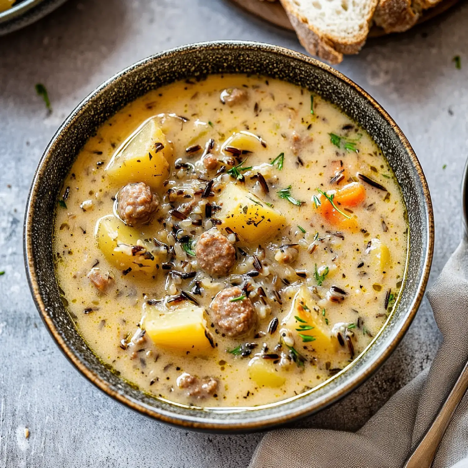 A bowl of hearty soup containing chunks of potatoes, meatballs, wild rice, and herbs, accompanied by slices of bread.