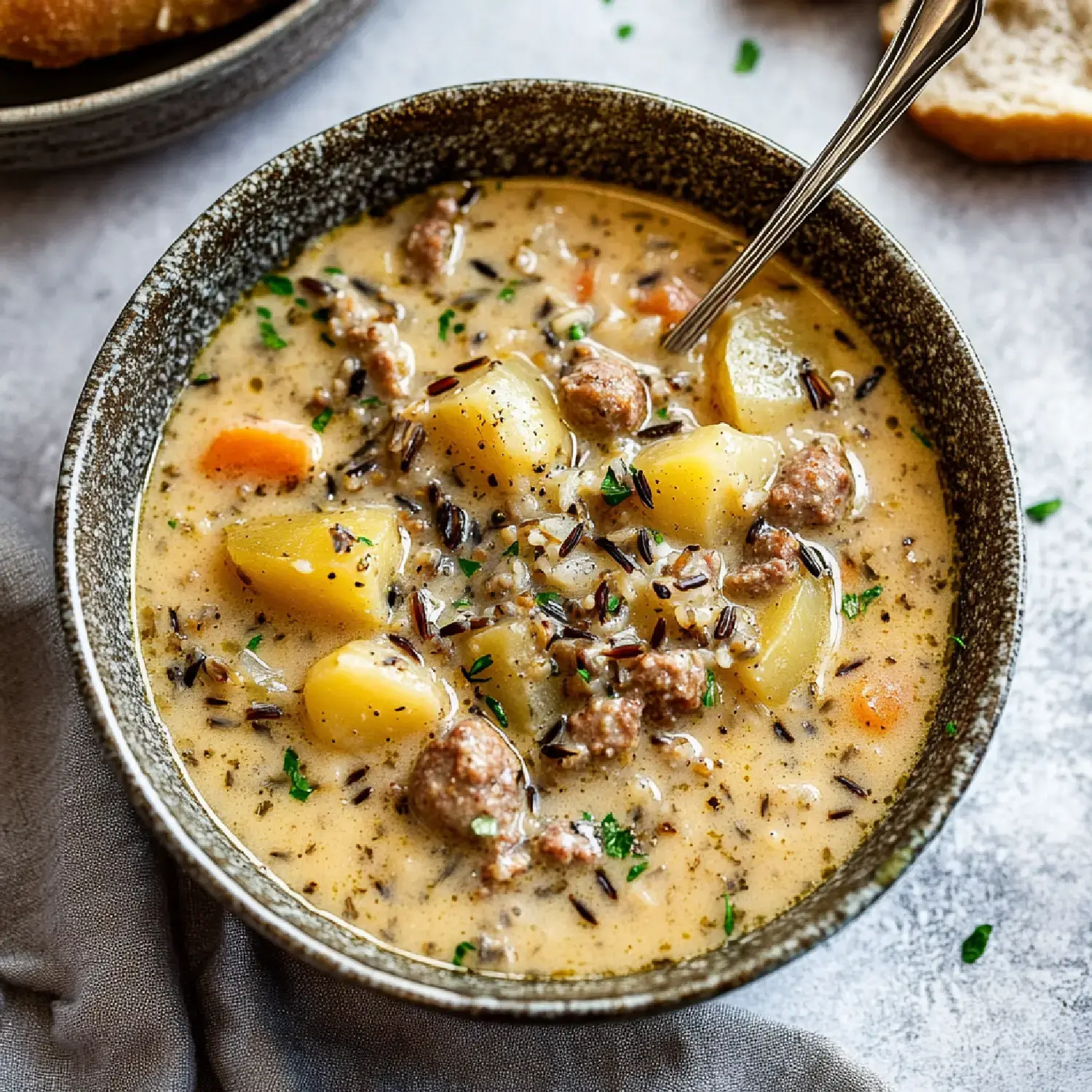 A hearty bowl of creamy soup with potatoes, carrots, ground meat, and wild rice, garnished with green herbs, set on a textured surface next to bread.