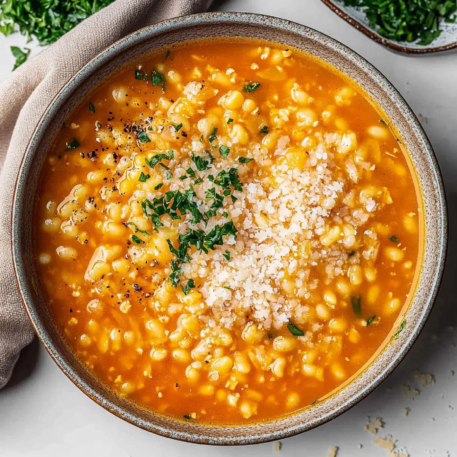 A bowl of creamy orange soup topped with grated cheese and fresh herbs, sitting on a pale surface.