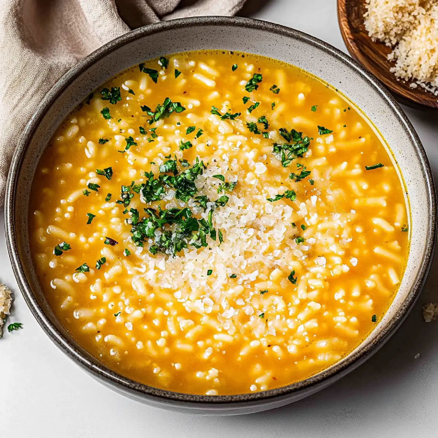 A bowl of creamy soup topped with chopped parsley and grated cheese, with a side of breadcrumbs.