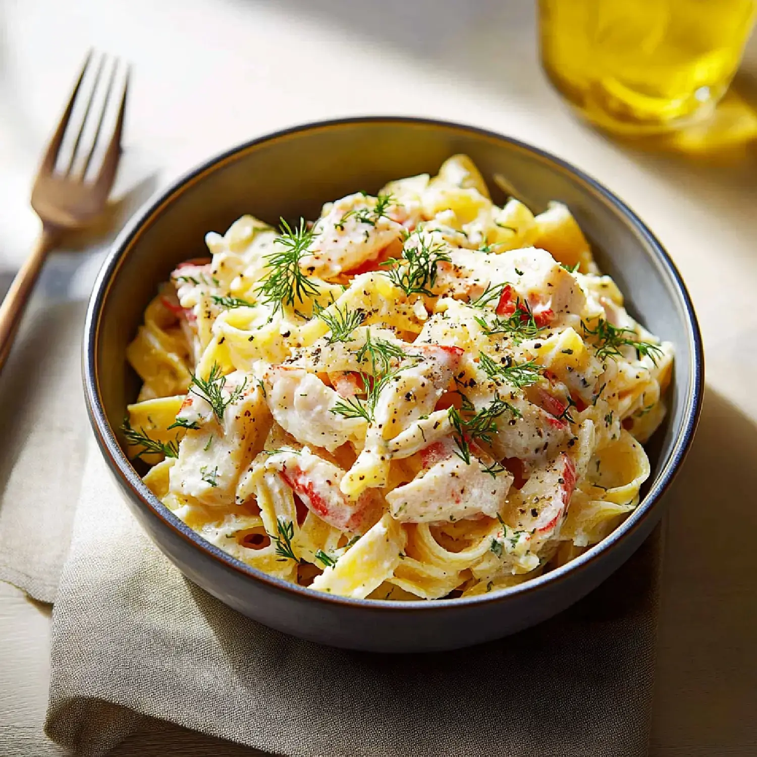 A bowl of creamy pasta topped with herbs and pieces of seafood, served on a light-colored table.