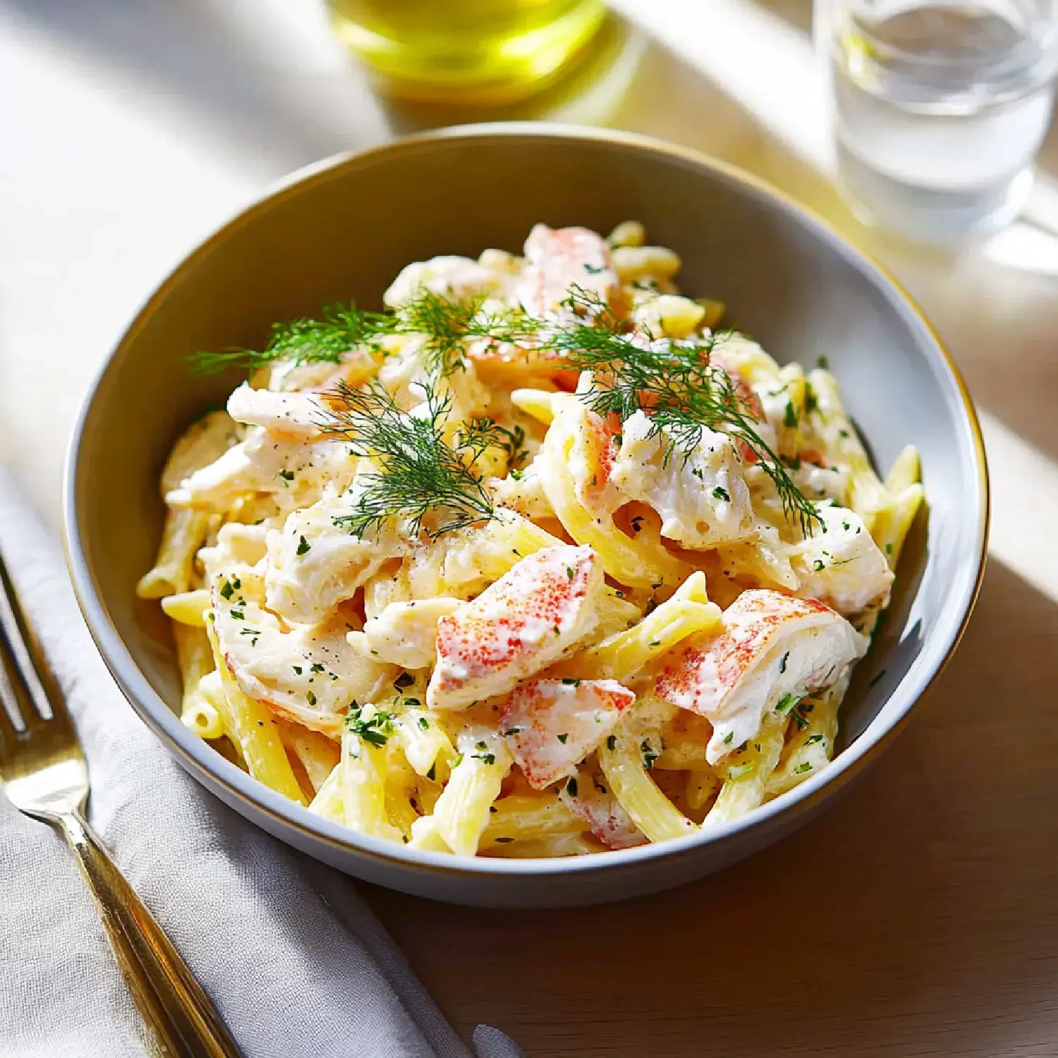 A bowl of creamy pasta with chicken and lobster, garnished with fresh dill and parsley.