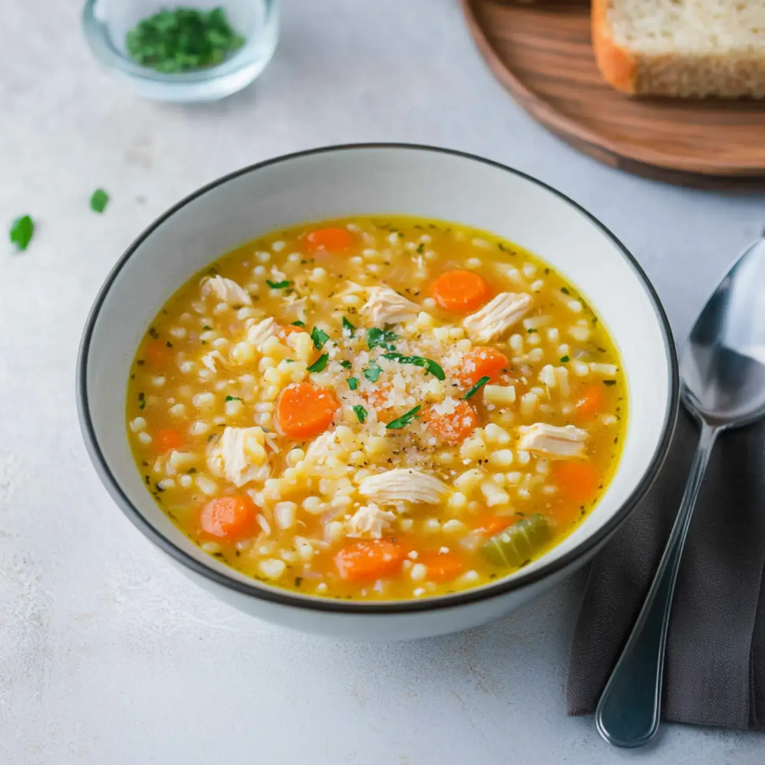 A bowl of hearty chicken soup with carrots, noodles, and garnished with herbs, accompanied by a spoon and a slice of bread.