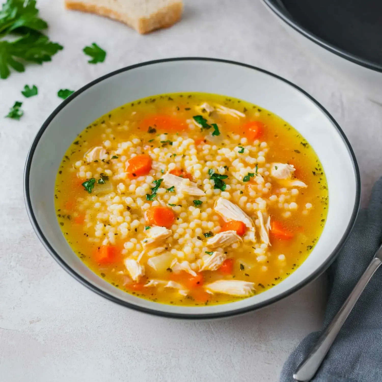 A bowl of chicken soup with couscous, carrots, and parsley, accompanied by a slice of bread.