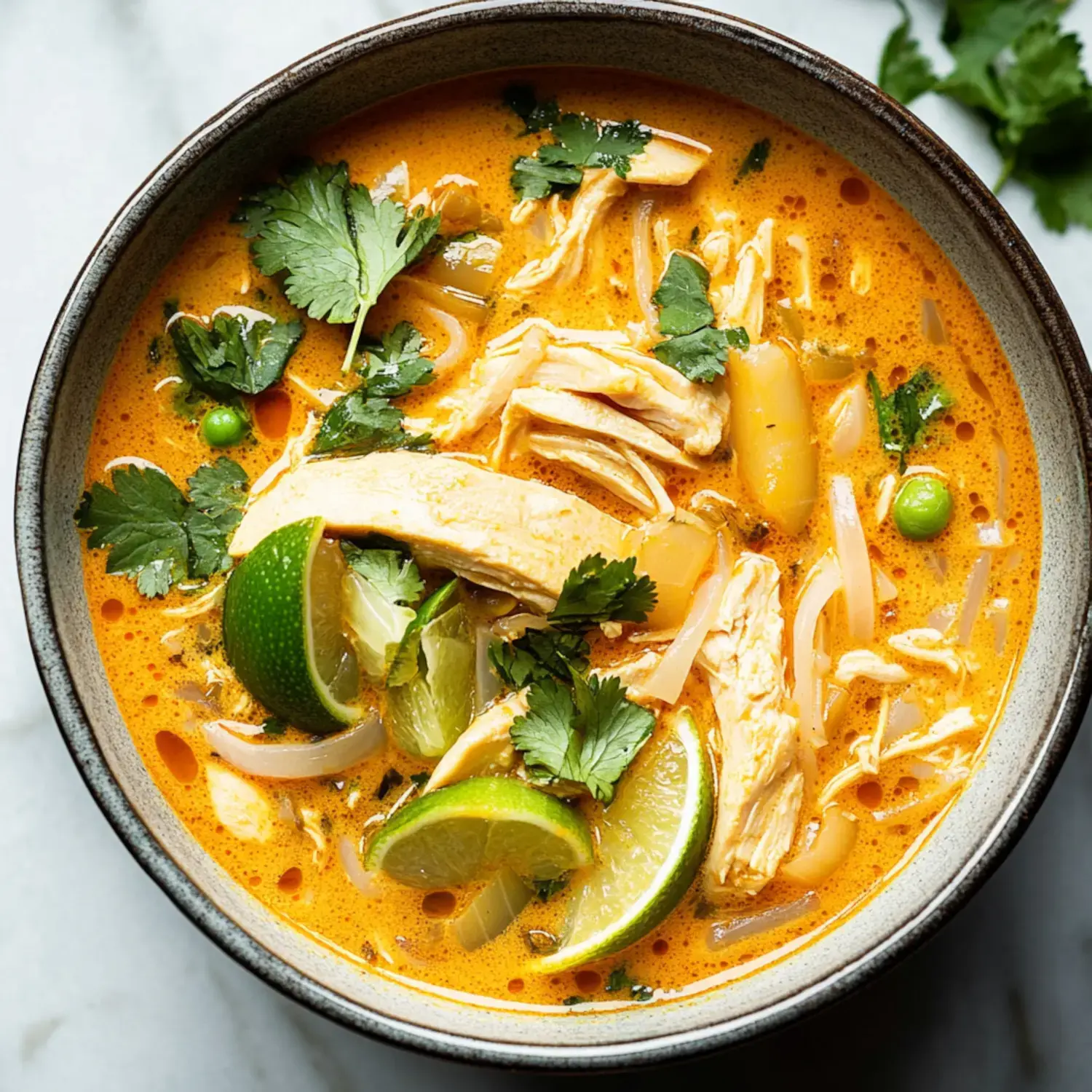 A bowl of savory soup featuring shredded chicken, lime wedges, and fresh cilantro in a rich, orange broth.