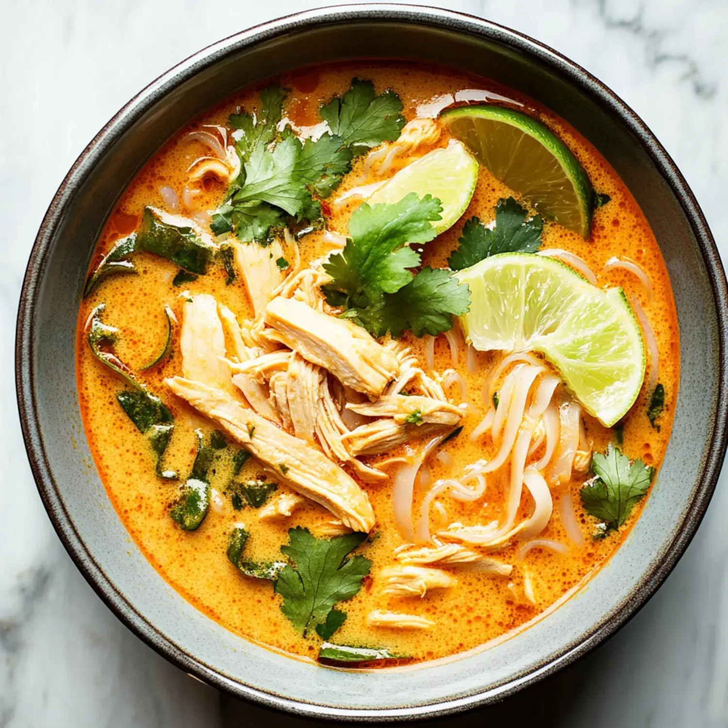 A bowl of vibrant soup featuring shredded chicken, rice noodles, lime wedges, fresh cilantro, and green herbs in a creamy, spicy broth.