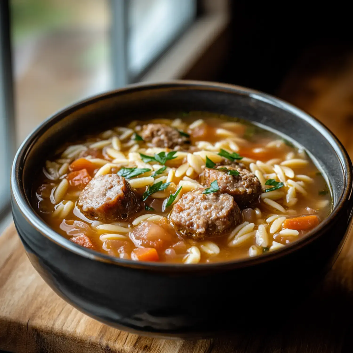 A close-up of a bowl of soup containing orzo, meatballs, and vegetables, garnished with parsley.