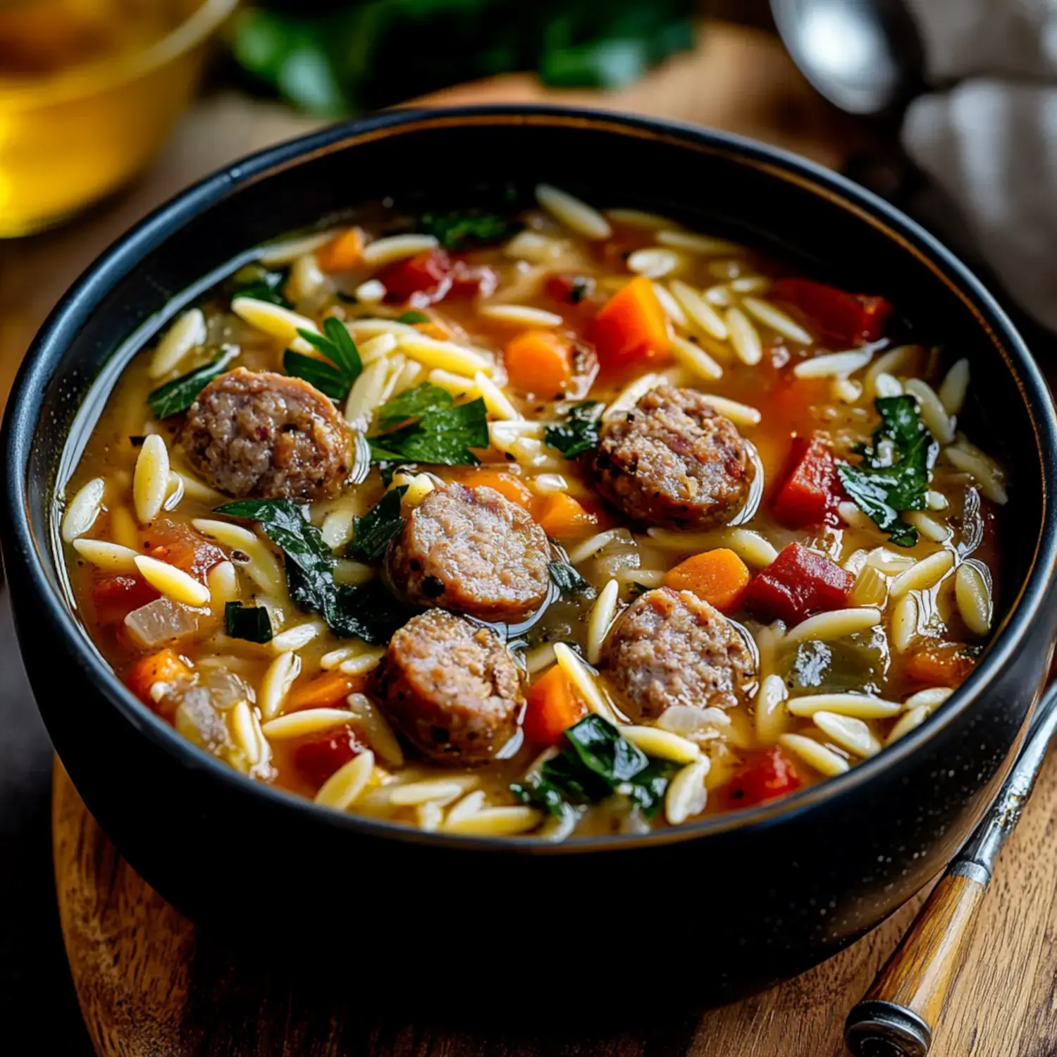 A black bowl filled with soup containing orzo, sausage slices, spinach, carrots, and diced tomatoes.