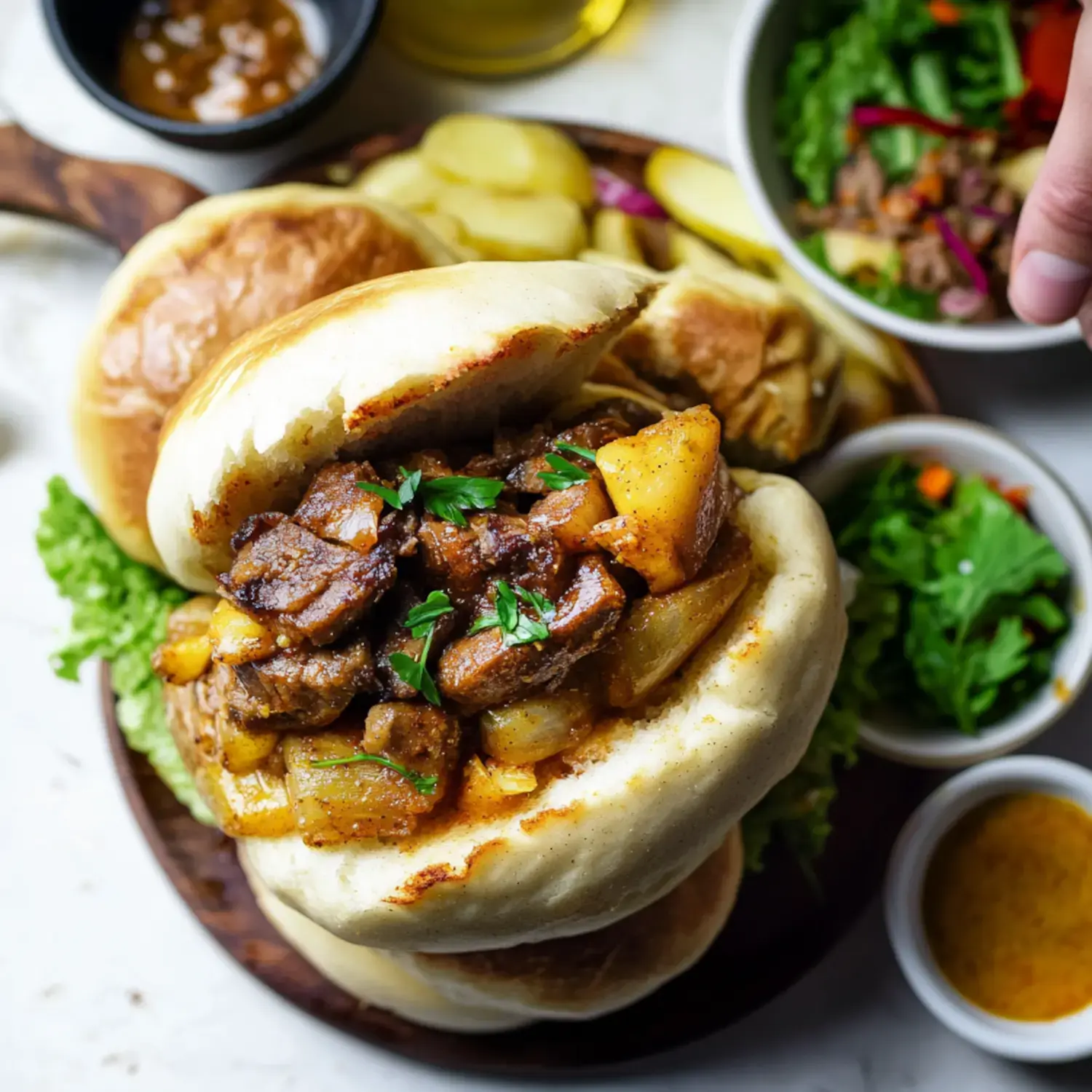 A close-up of a soft bun filled with tender meat and potatoes, garnished with parsley, alongside bowls of salad and dipping sauce.