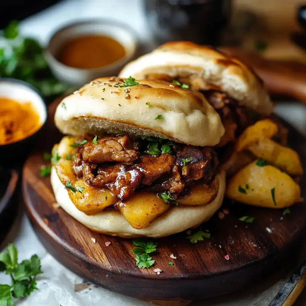 A close-up of two soft buns filled with seasoned meat, topped with chopped herbs and accompanied by slices of potatoes on a wooden plate.