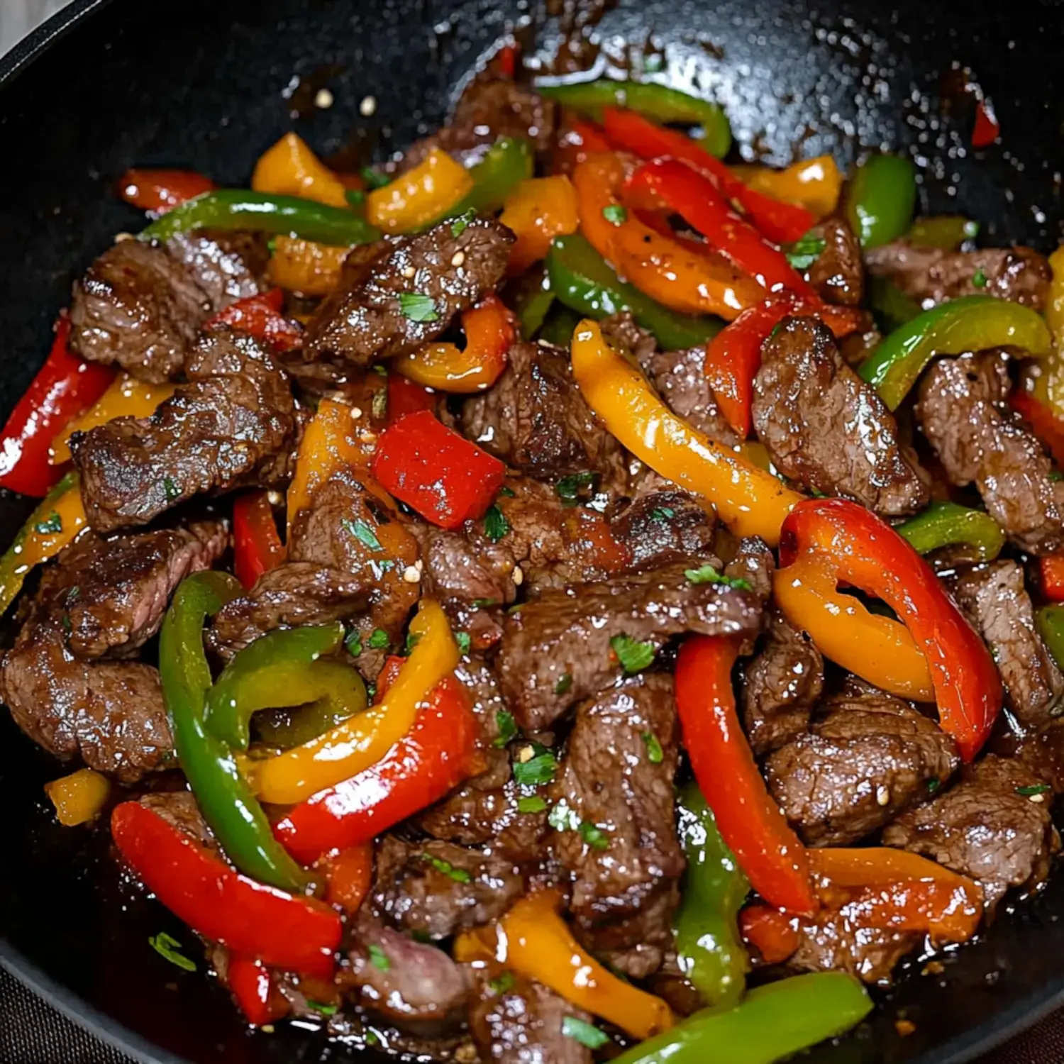 A close-up of a stir-fried dish featuring pieces of beef mixed with colorful sliced bell peppers in a dark sauce.