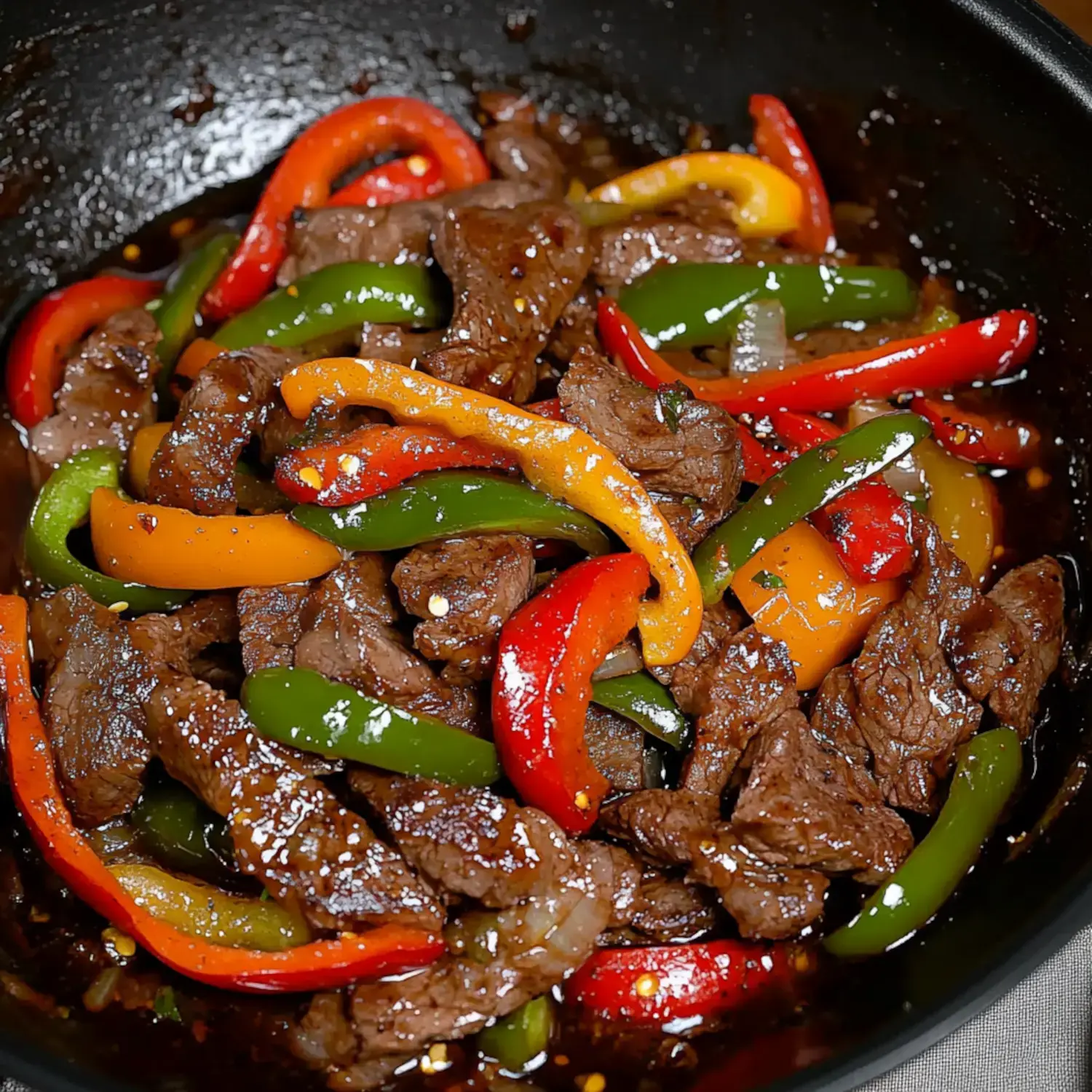 A close-up image of tender beef strips mixed with colorful bell peppers in a dark, glossy sauce.