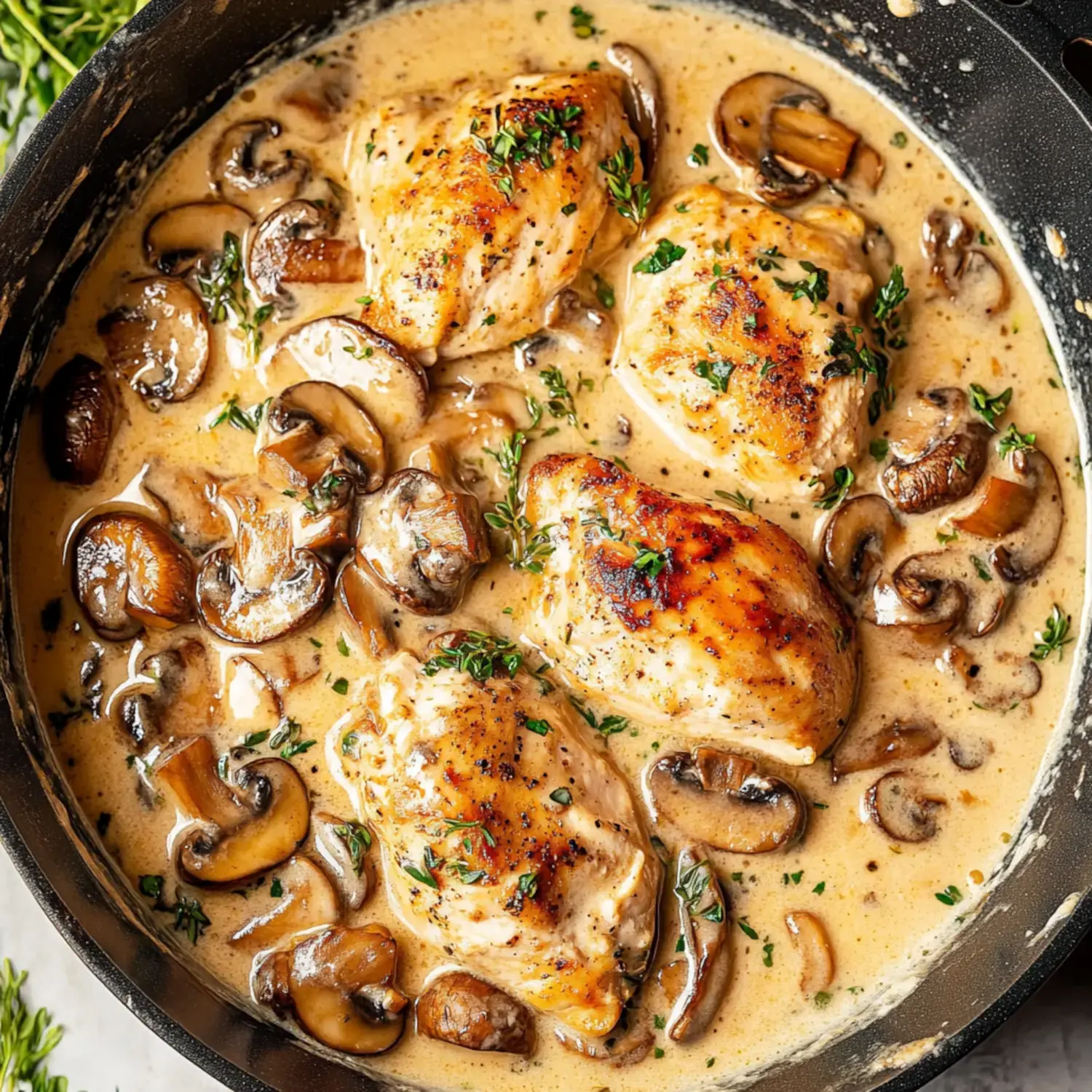 A skillet contains chicken breasts cooked in a creamy mushroom sauce, garnished with fresh herbs.